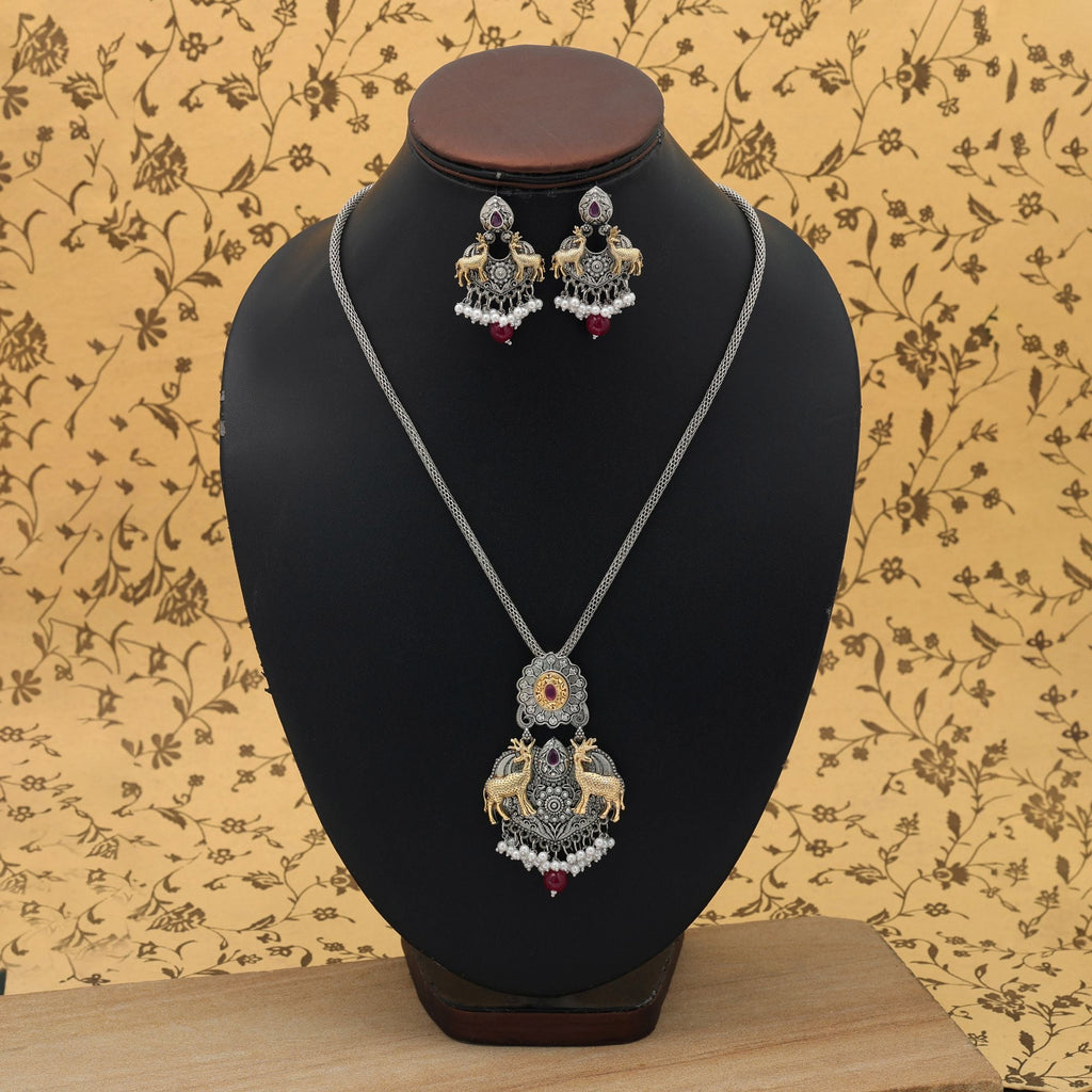 Maroon Color Dual Tone Oxidised Necklace Set Antique