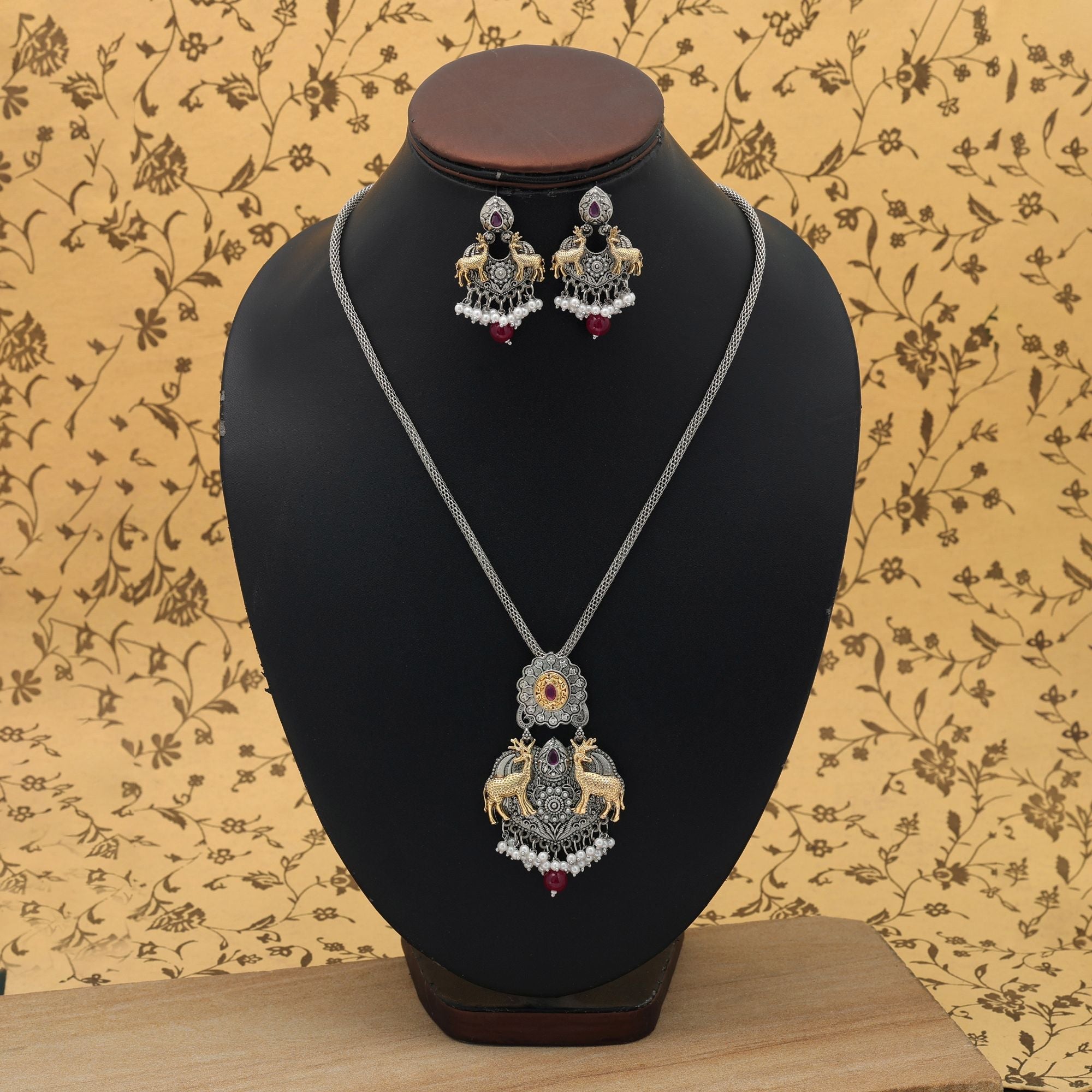 Maroon Color Dual Tone Oxidised Necklace Set Antique