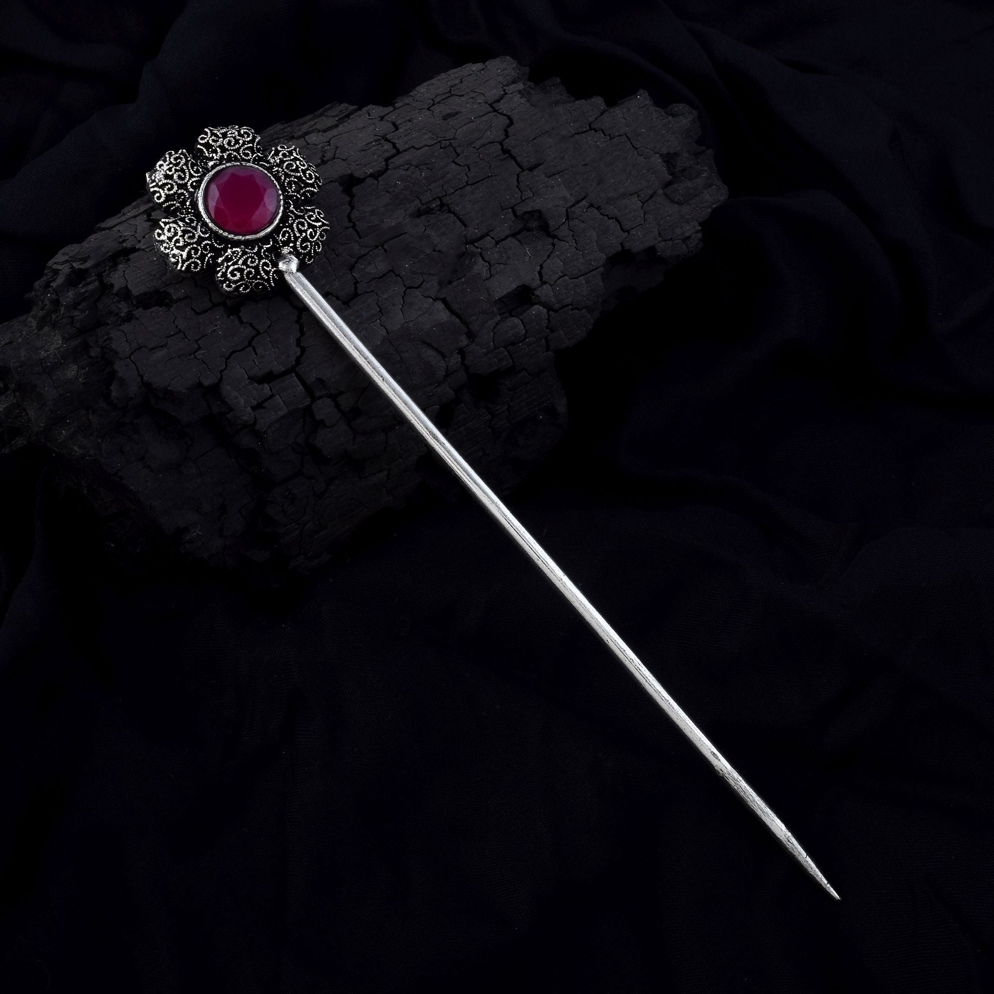 Elegant Rani Color Oxidised Hair Pin Designed For Traditional Wear And Party Styling Jewelry