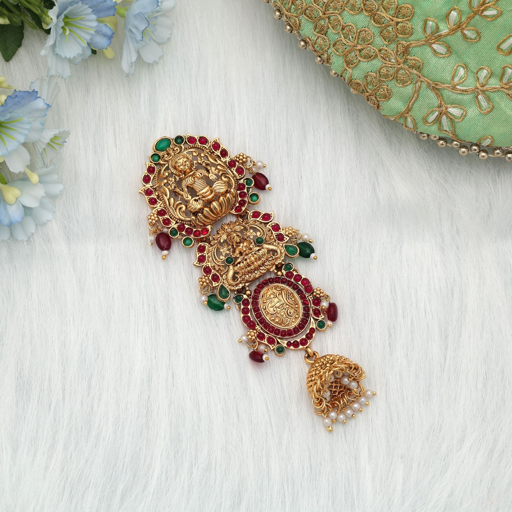 Maroon & Green Color Temple Hair Barrette Traditional Artwork