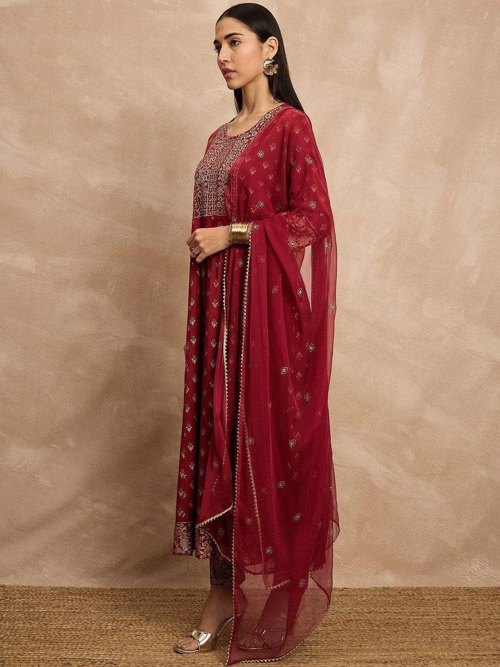 Maroon Color Ethnic Motifs Embroidered Anarkali Kurta With Trousers & Dupatta
