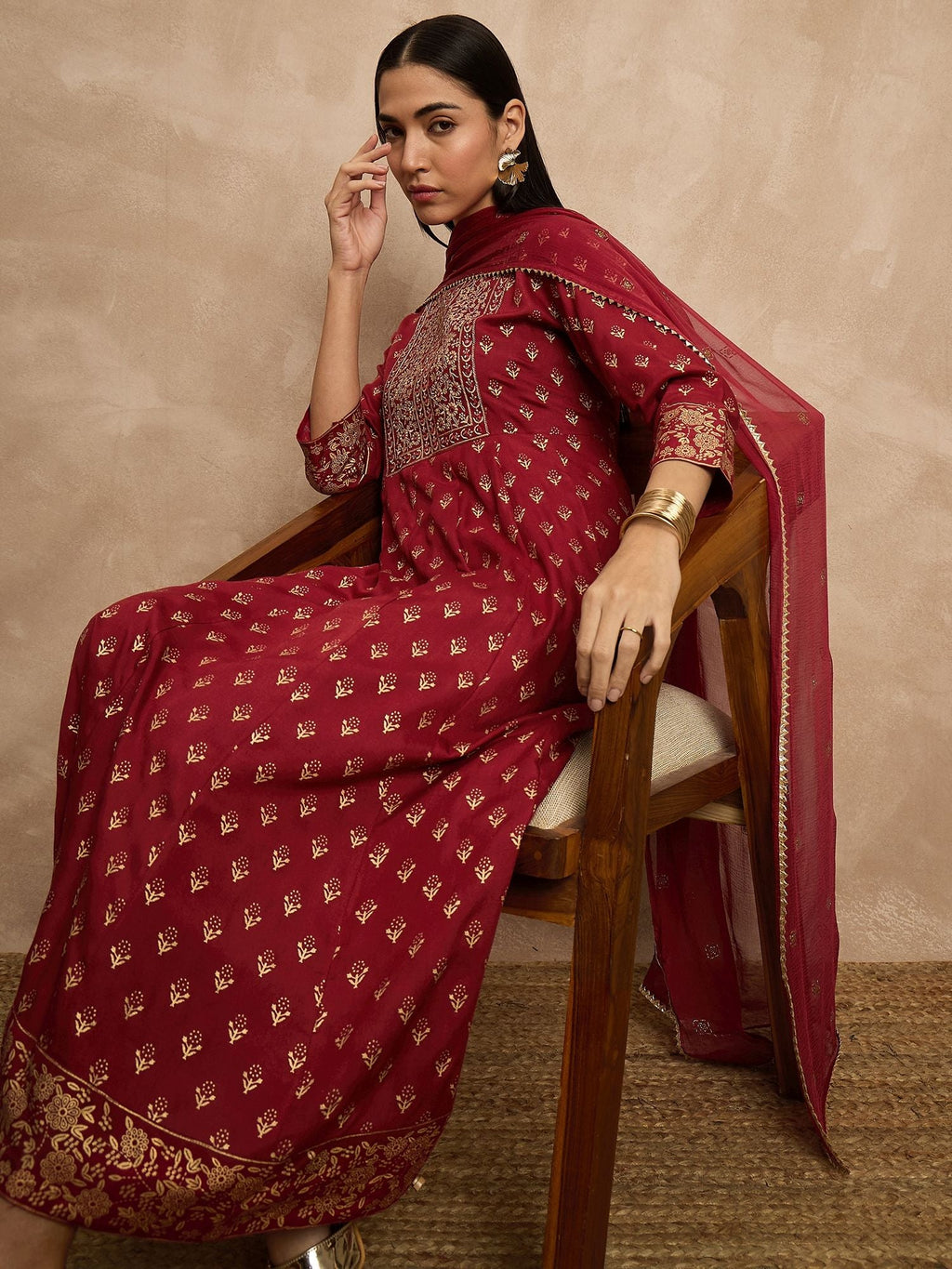 Maroon Color Ethnic Motifs Embroidered Anarkali Kurta With Trousers & Dupatta