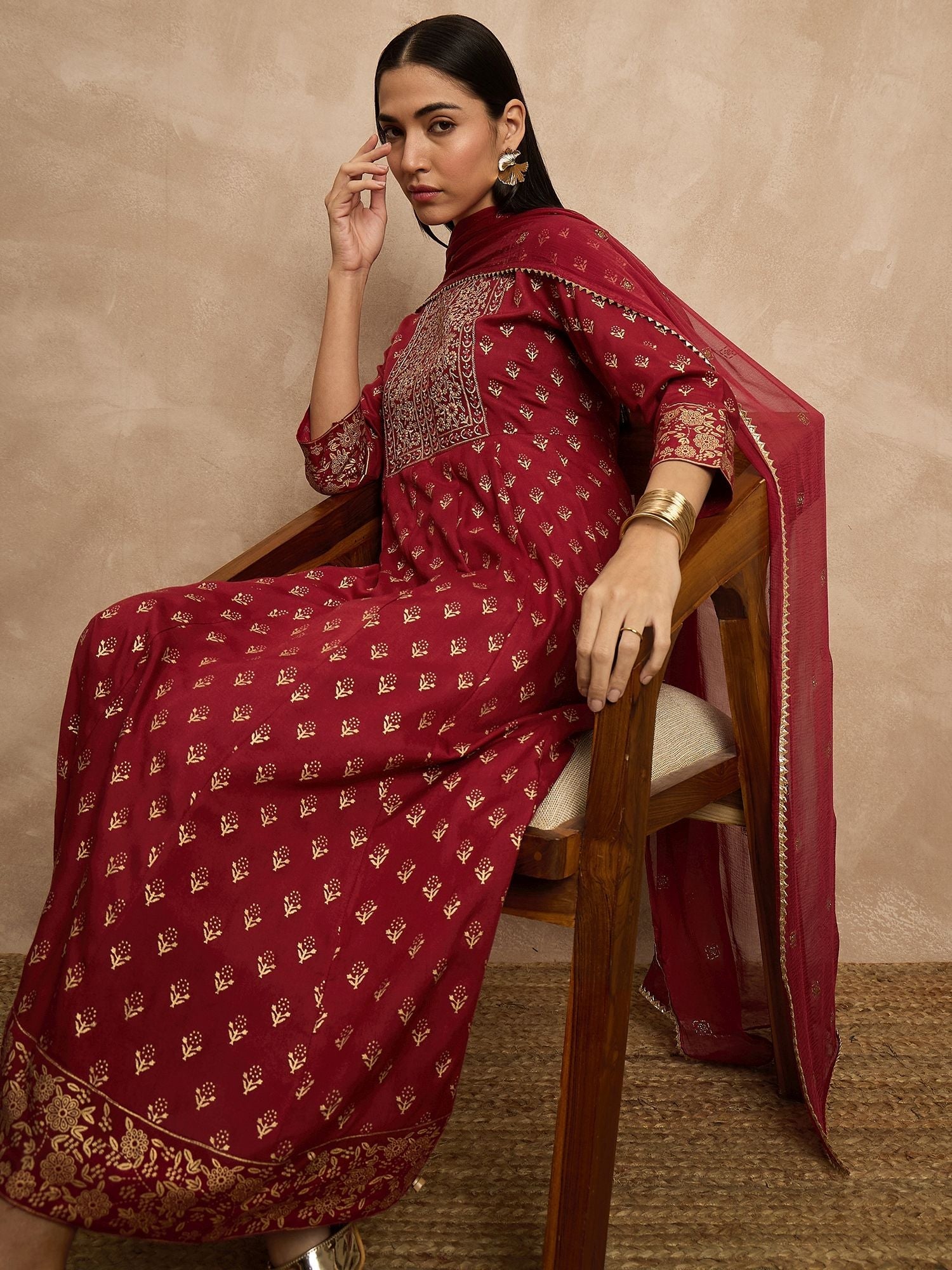 Maroon Color Ethnic Motifs Embroidered Anarkali Kurta With Trousers & Dupatta