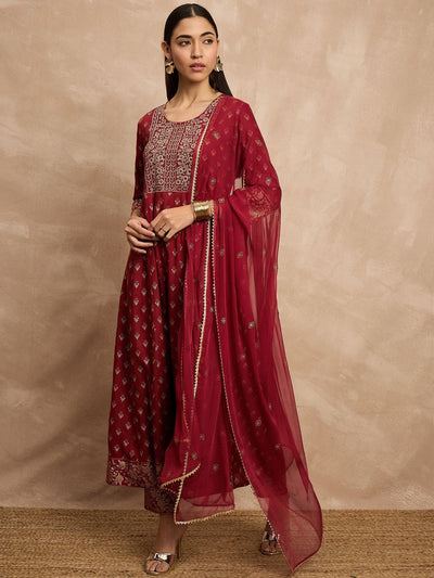 Maroon Color Ethnic Motifs Embroidered Anarkali Kurta With Trousers & Dupatta