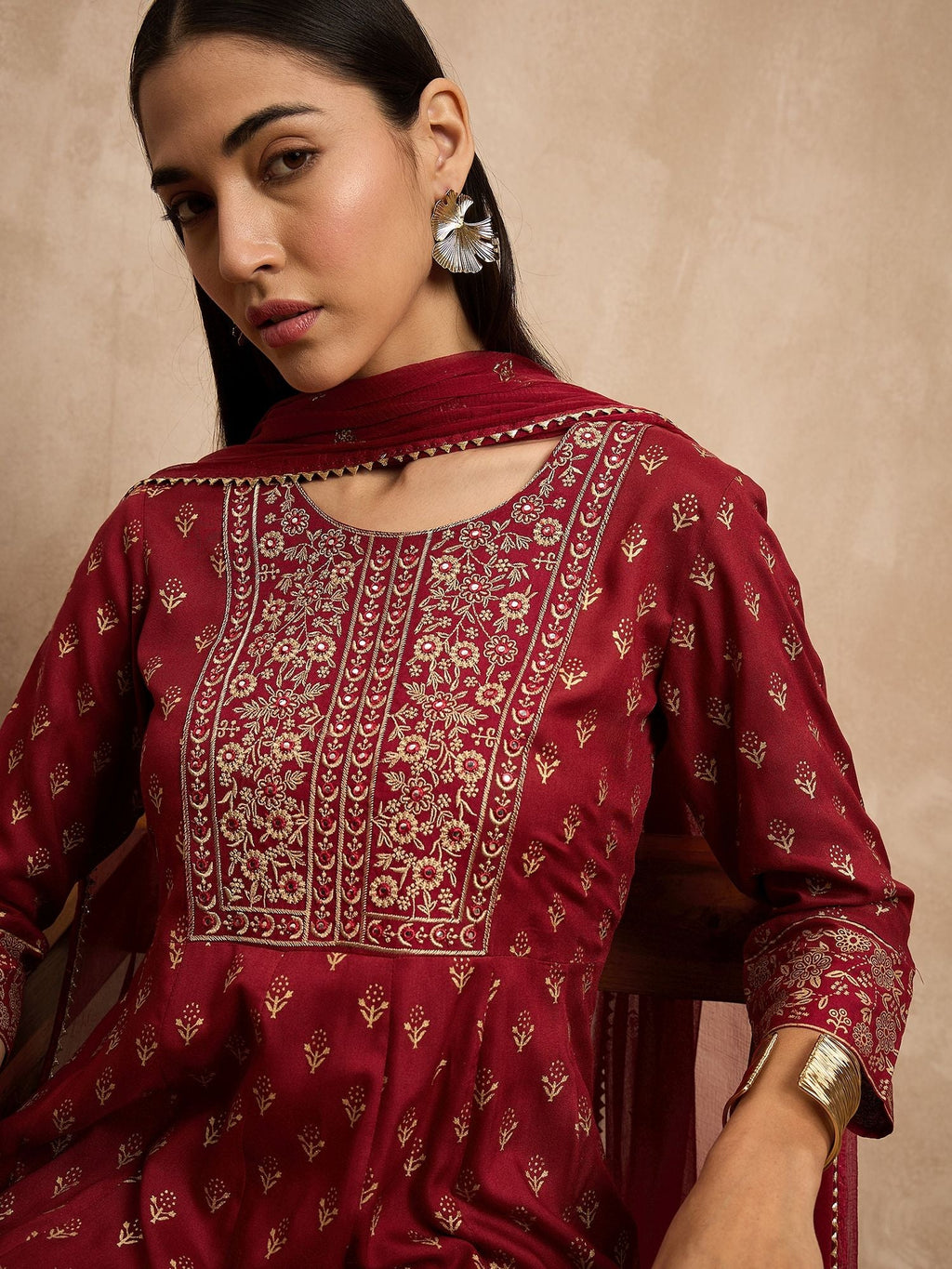 Maroon Color Ethnic Motifs Embroidered Anarkali Kurta With Trousers & Dupatta