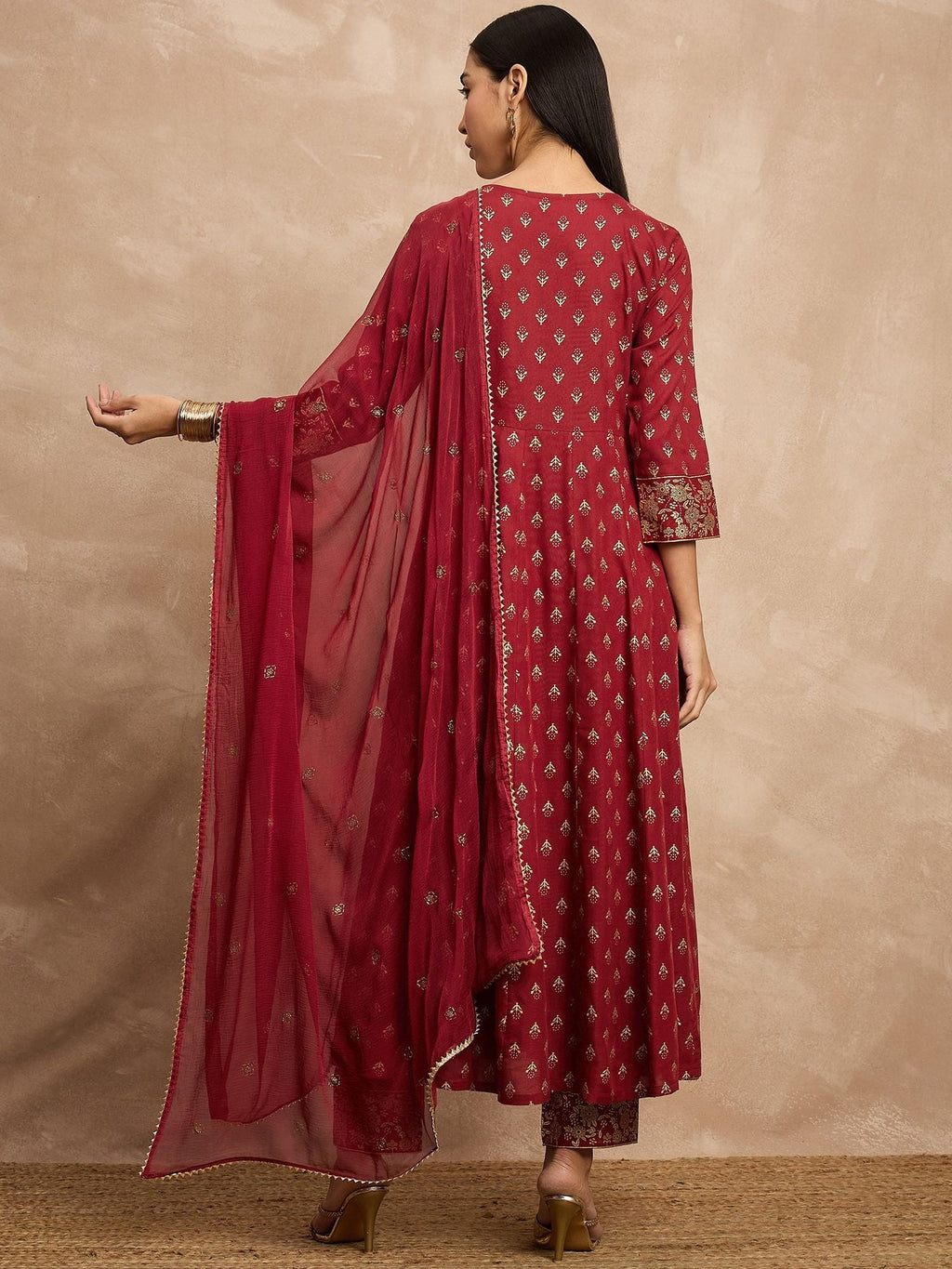 Maroon Color Ethnic Motifs Embroidered Anarkali Kurta With Trousers & Dupatta