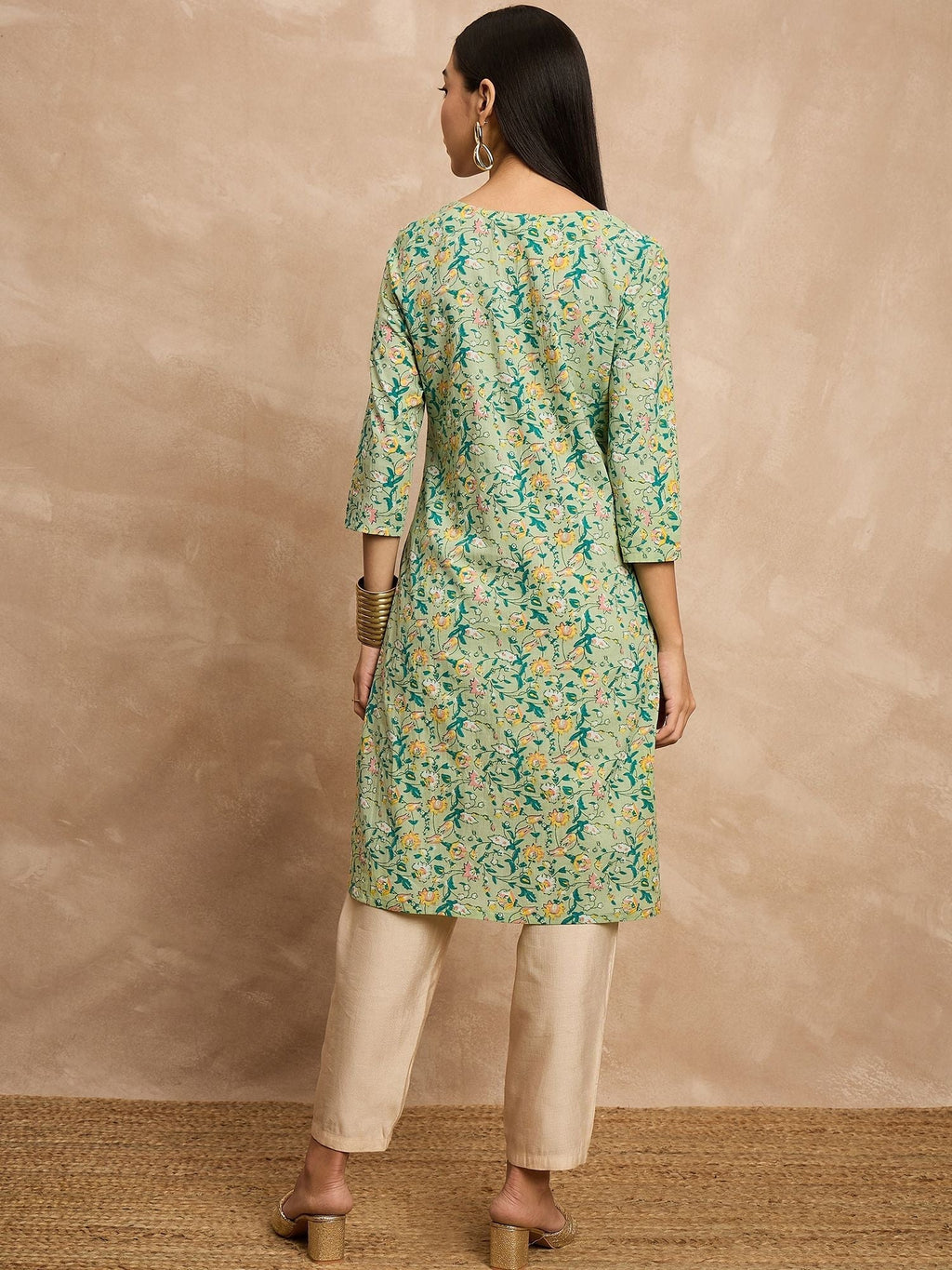 Green & Yellow Color Floral Printed Thread Work Cotton Straight Kurta