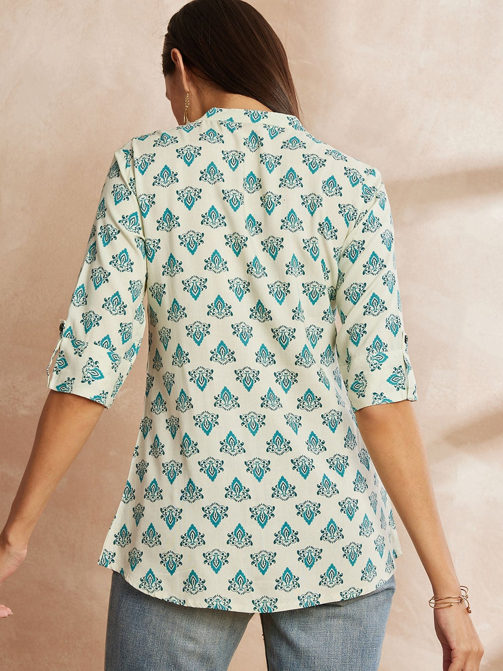 White & Blue Color Ethnic Motifs Printed Mandarin Collar Tunic Top