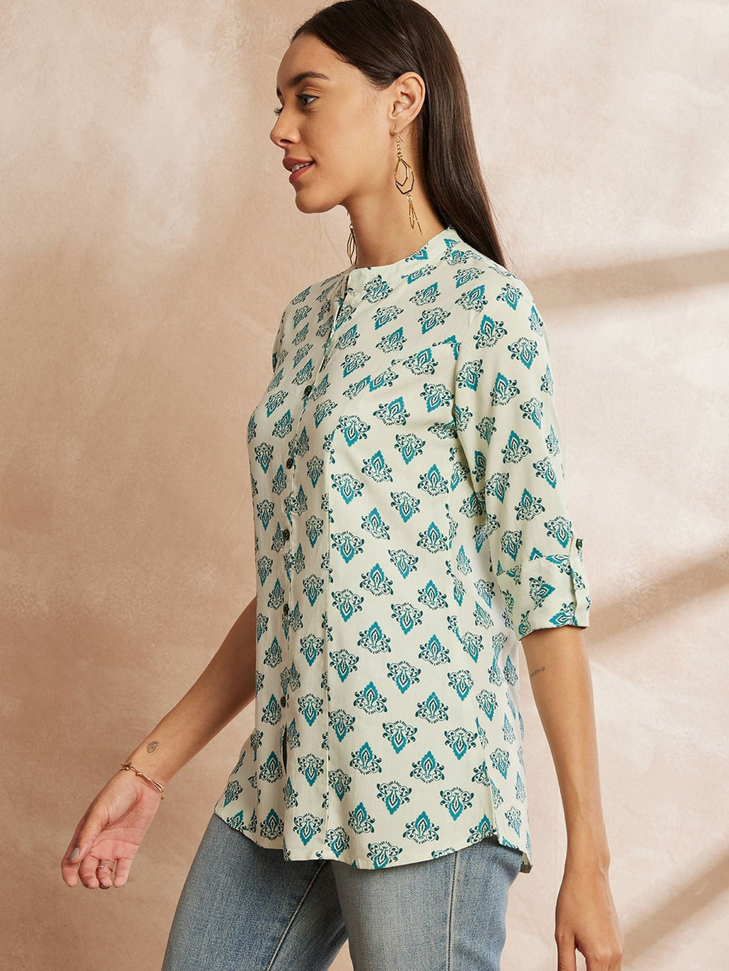 White & Blue Color Ethnic Motifs Printed Mandarin Collar Tunic Top
