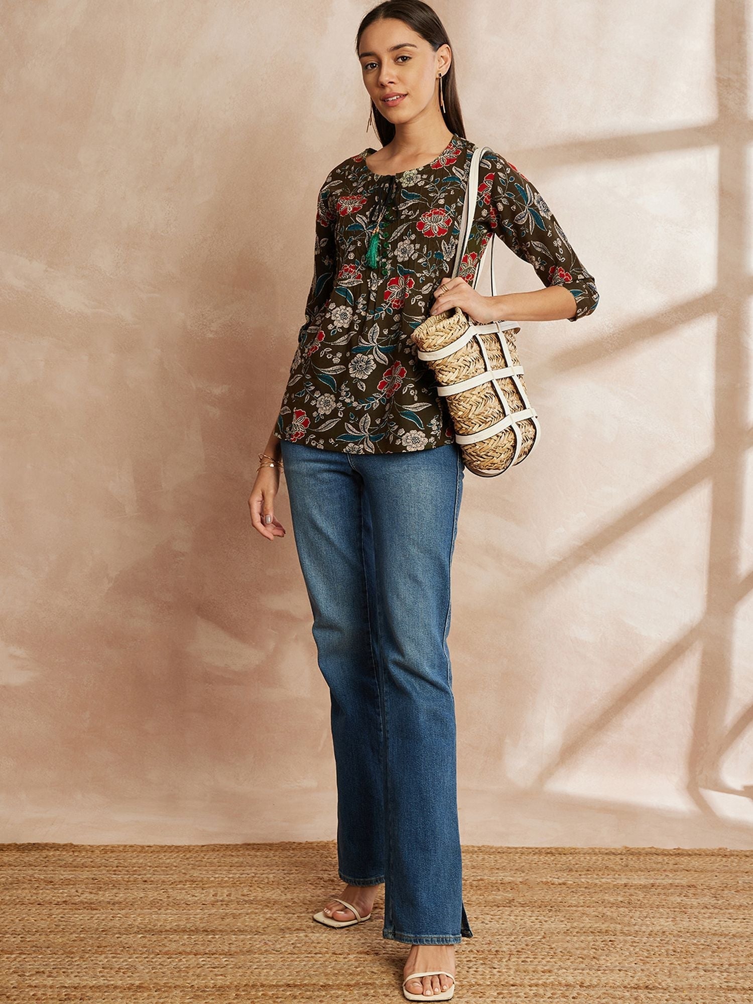 Olive Green Color Floral Printed Tie-Up Neck Top