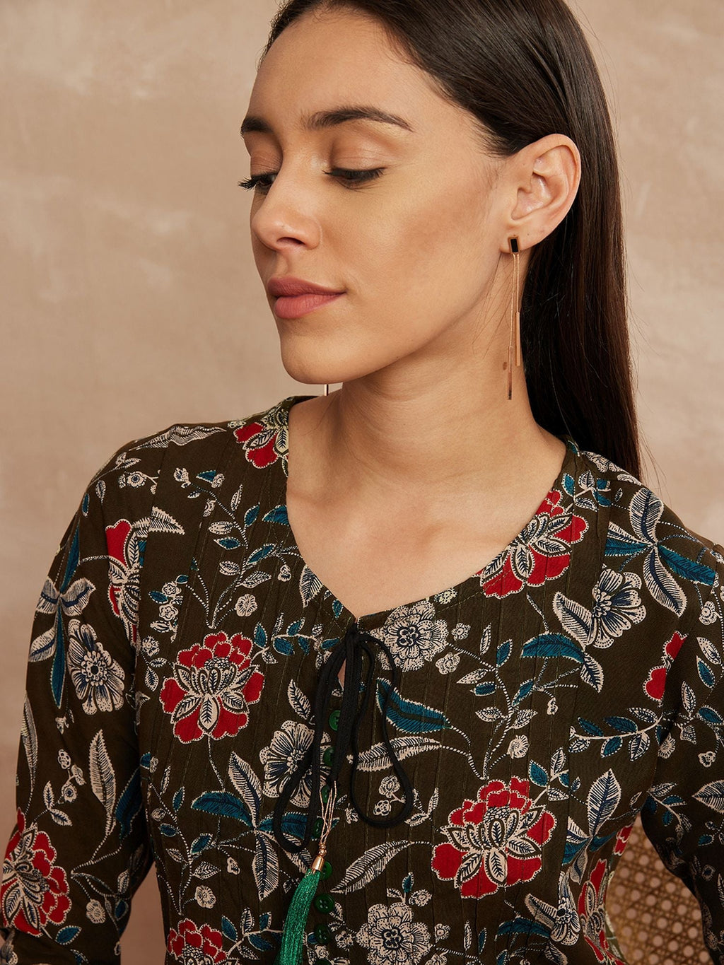 Olive Green Color Floral Printed Tie-Up Neck Top