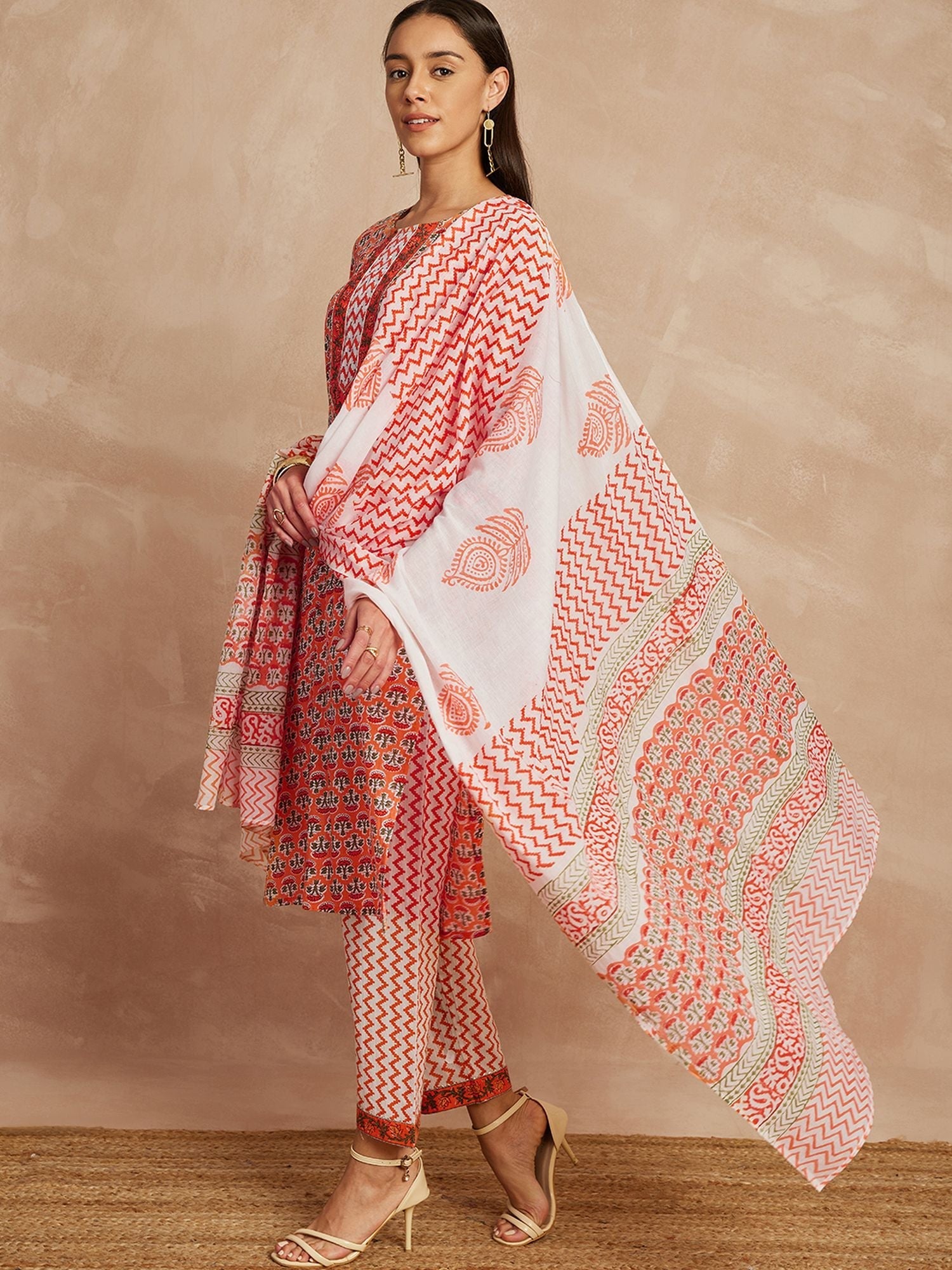 Orange Color Ethnic Motifs Printed Pure Cotton Straight Kurta & Trousers With Dupatta