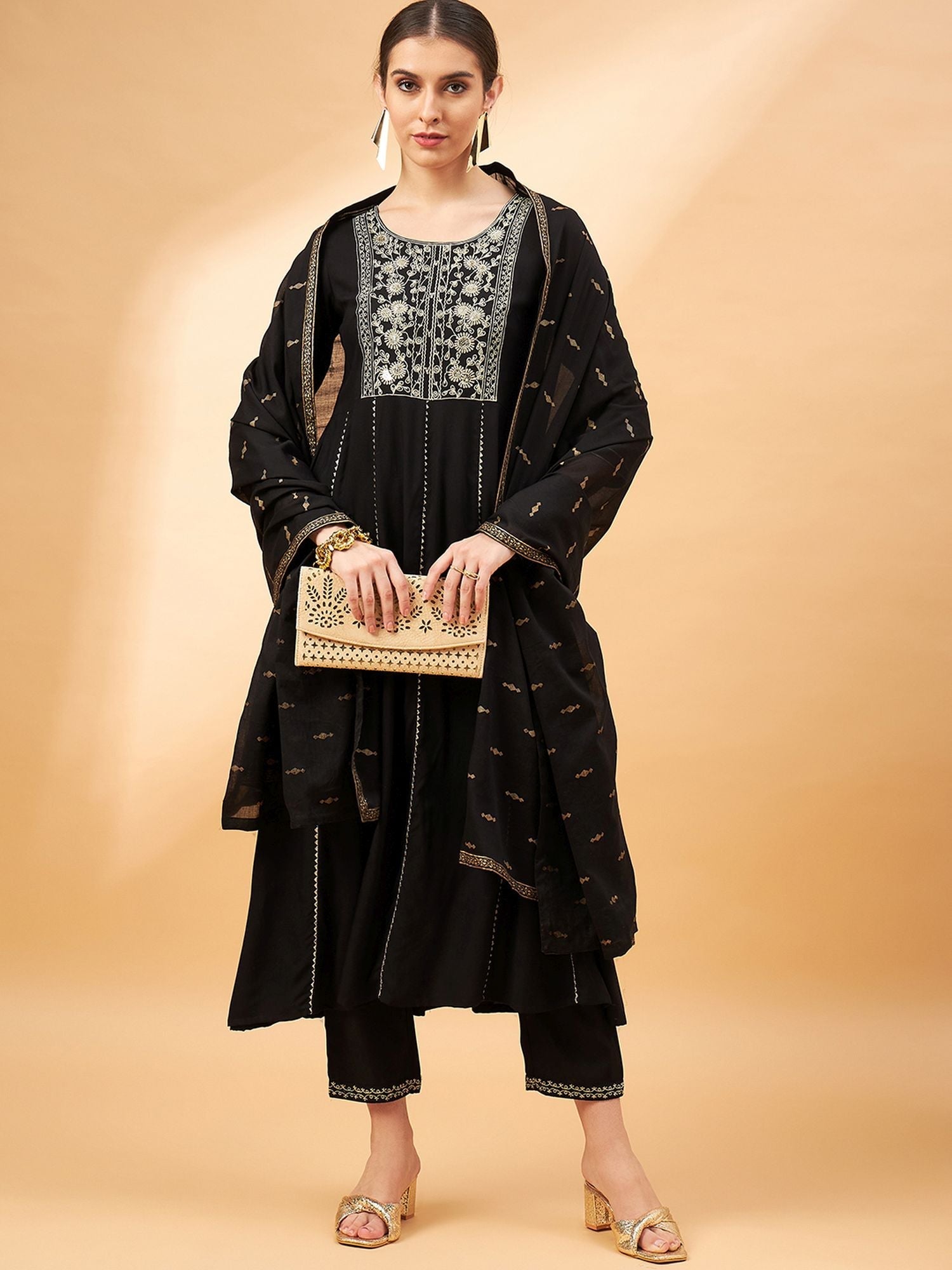 Black Color Embroidered Gotta Patti Sequined Anarkali Kurta With Trousers & Dupatta