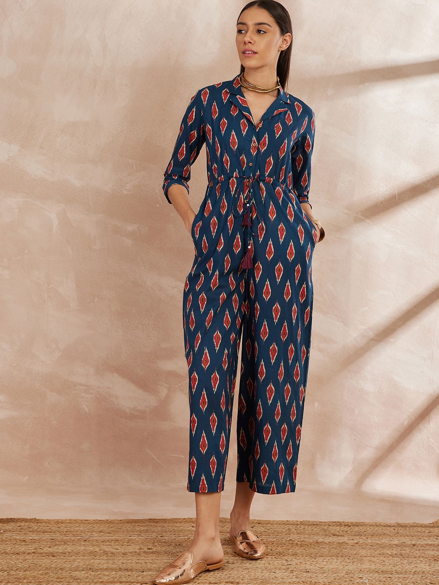 Blue Color Printed Cotton Basic Jumpsuit