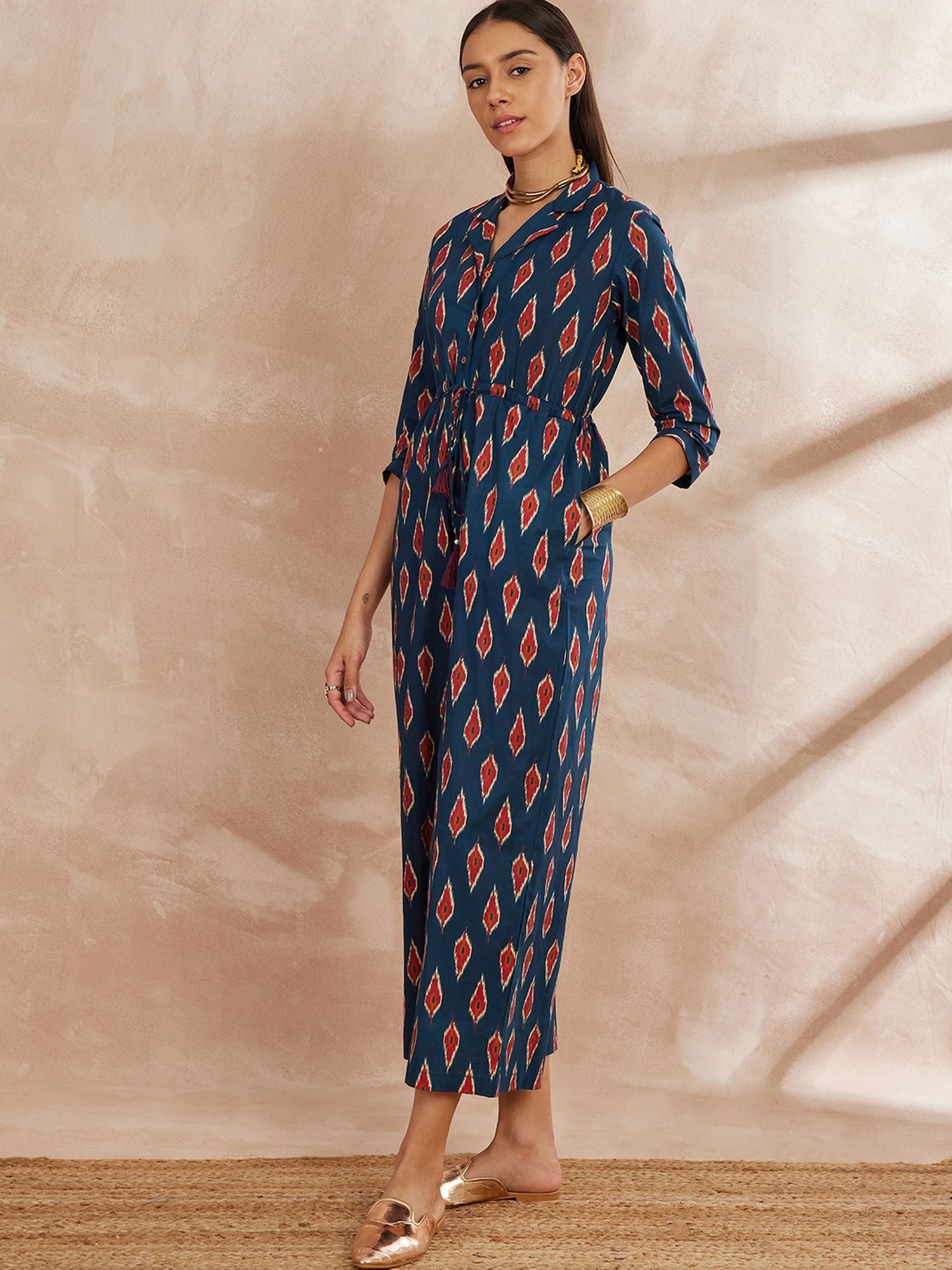 Blue Color Printed Cotton Basic Jumpsuit