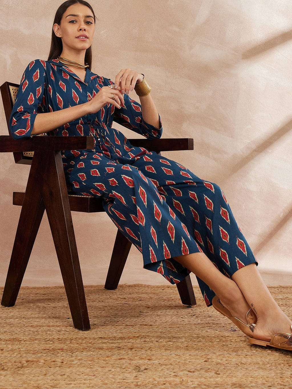 Blue Color Printed Cotton Basic Jumpsuit