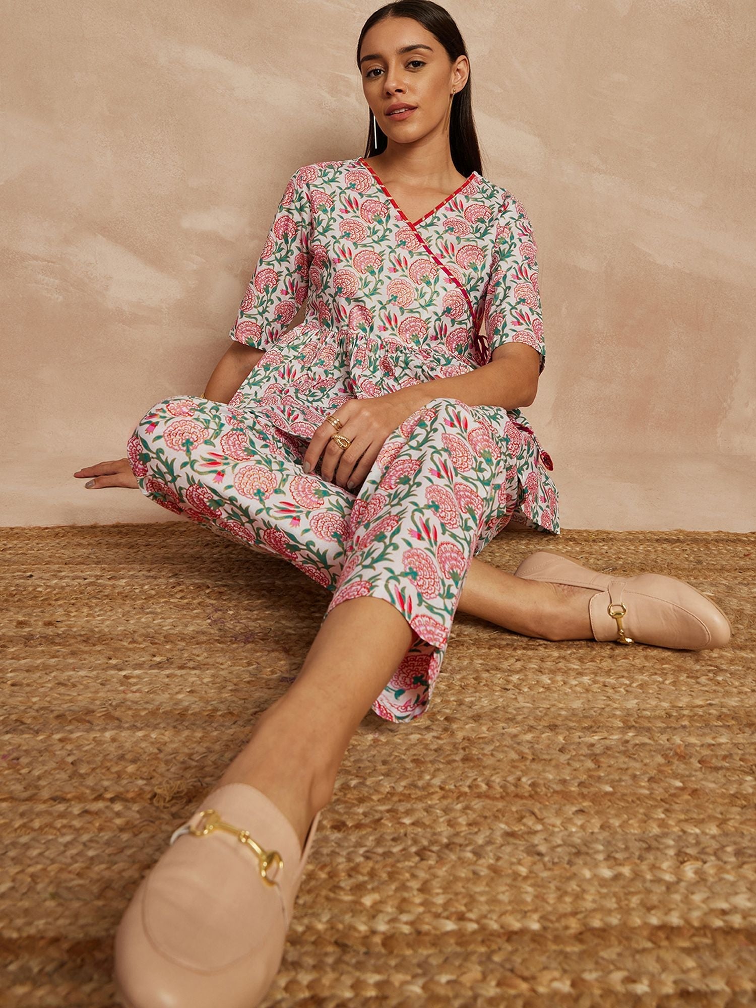 Multi Color Floral Printed Angrakha Pure Cotton Kurti with Trousers