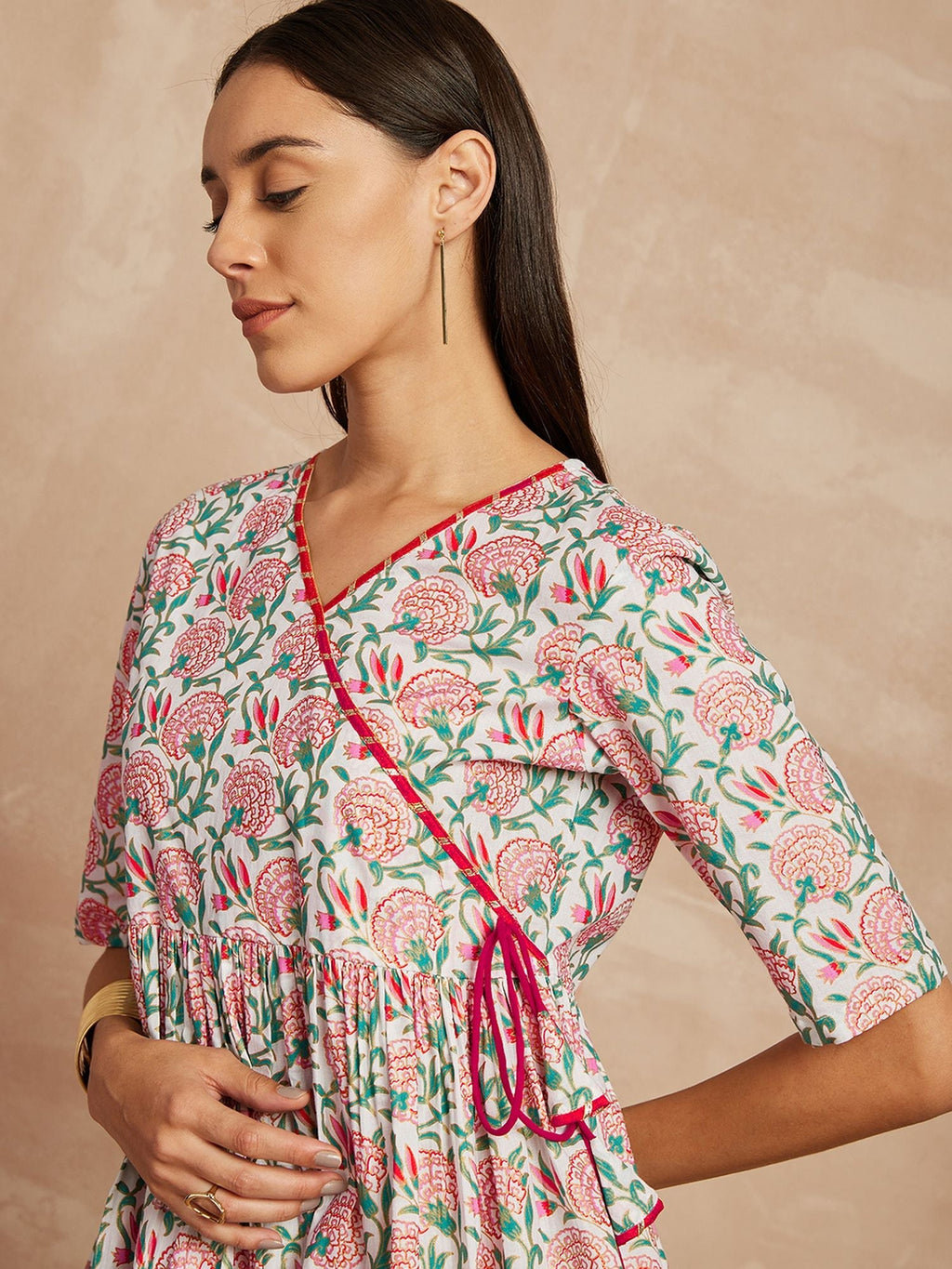 Multi Color Floral Printed Angrakha Pure Cotton Kurti with Trousers