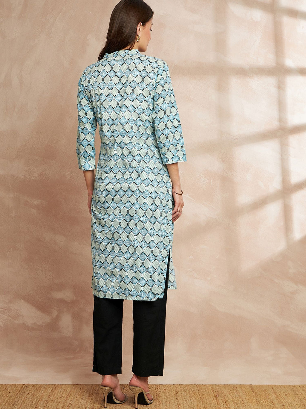 Sky Blue Ethnic Motifs Printed Straight Pure Cotton Kurta