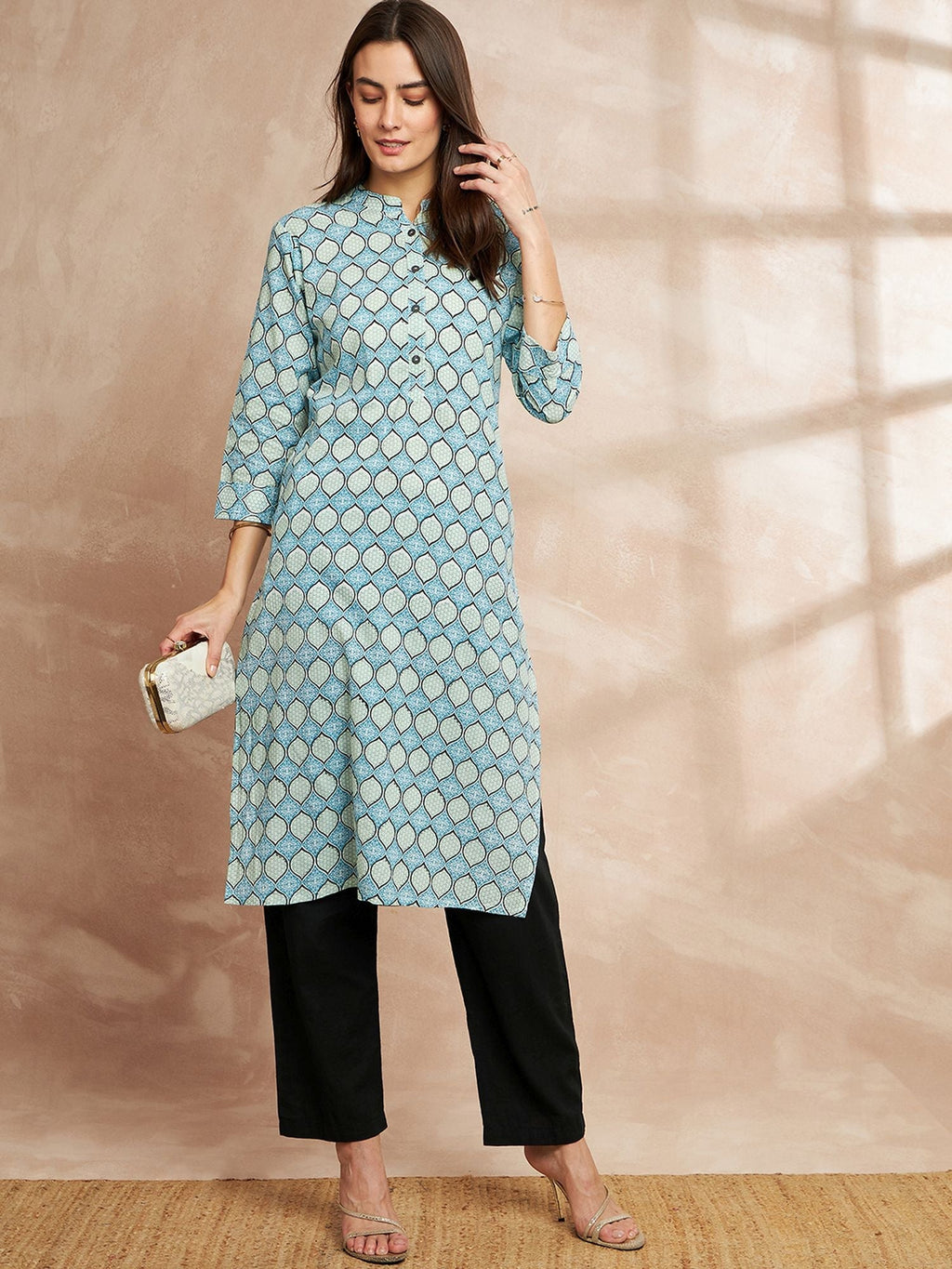 Sky Blue Ethnic Motifs Printed Straight Pure Cotton Kurta