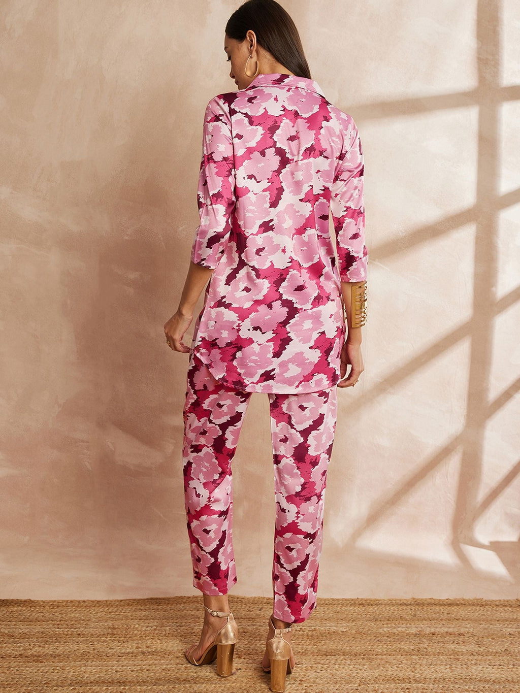 Pink Color Floral Printed Lapel Collar Shirt & Trousers