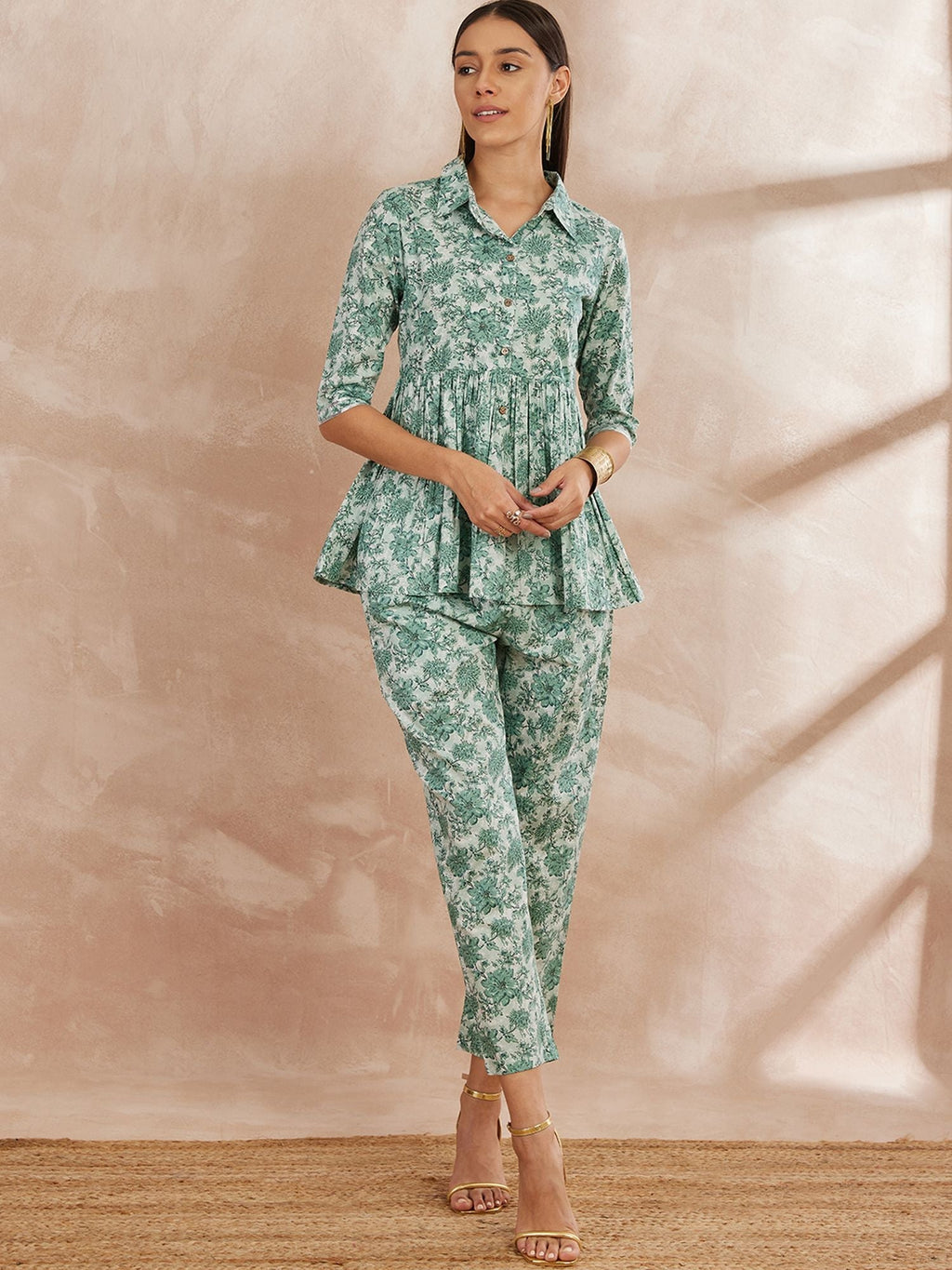 Green Color Floral Printed Pure Cotton Tunic With Trouser