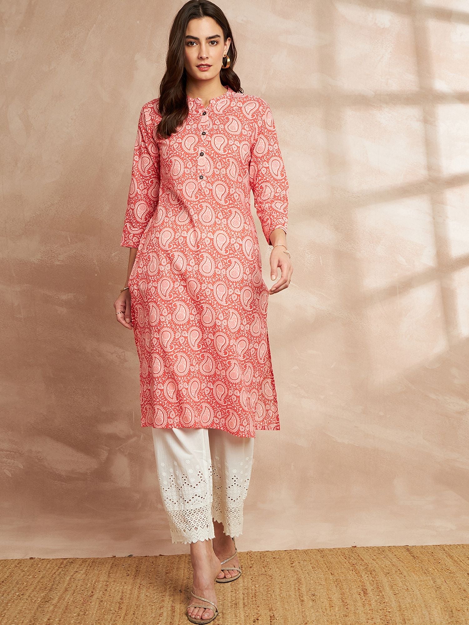 Orange Color Paisley Printed Mandarin Collar Cotton Kurta