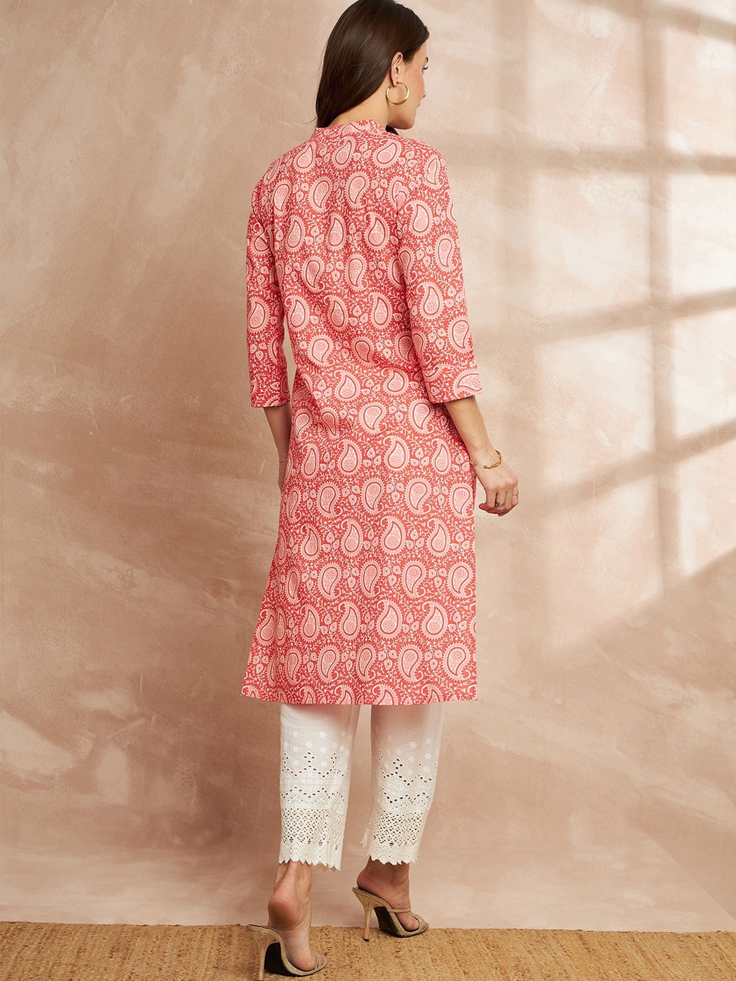 Orange Color Paisley Printed Mandarin Collar Cotton Kurta