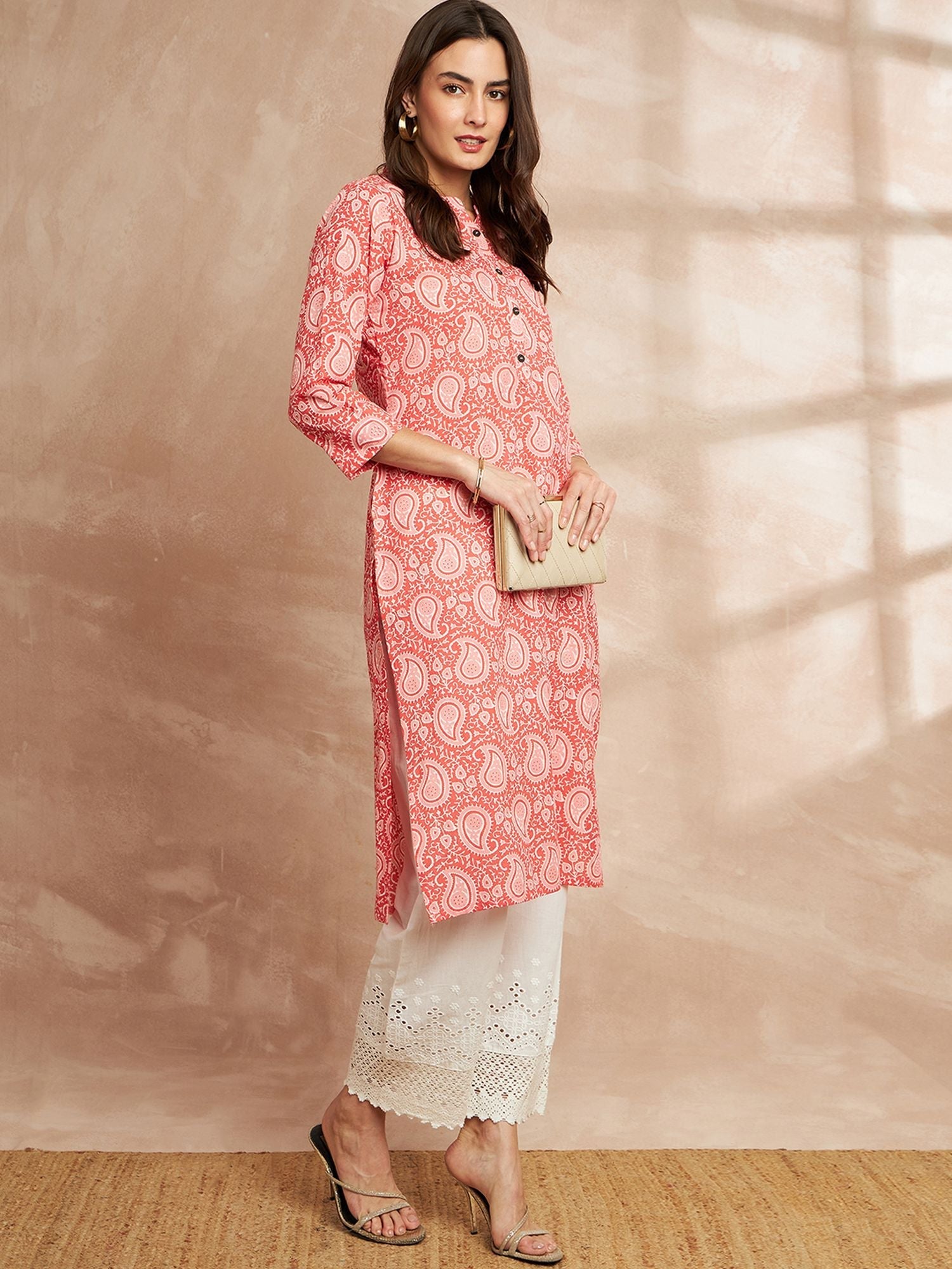 Orange Color Paisley Printed Mandarin Collar Cotton Kurta