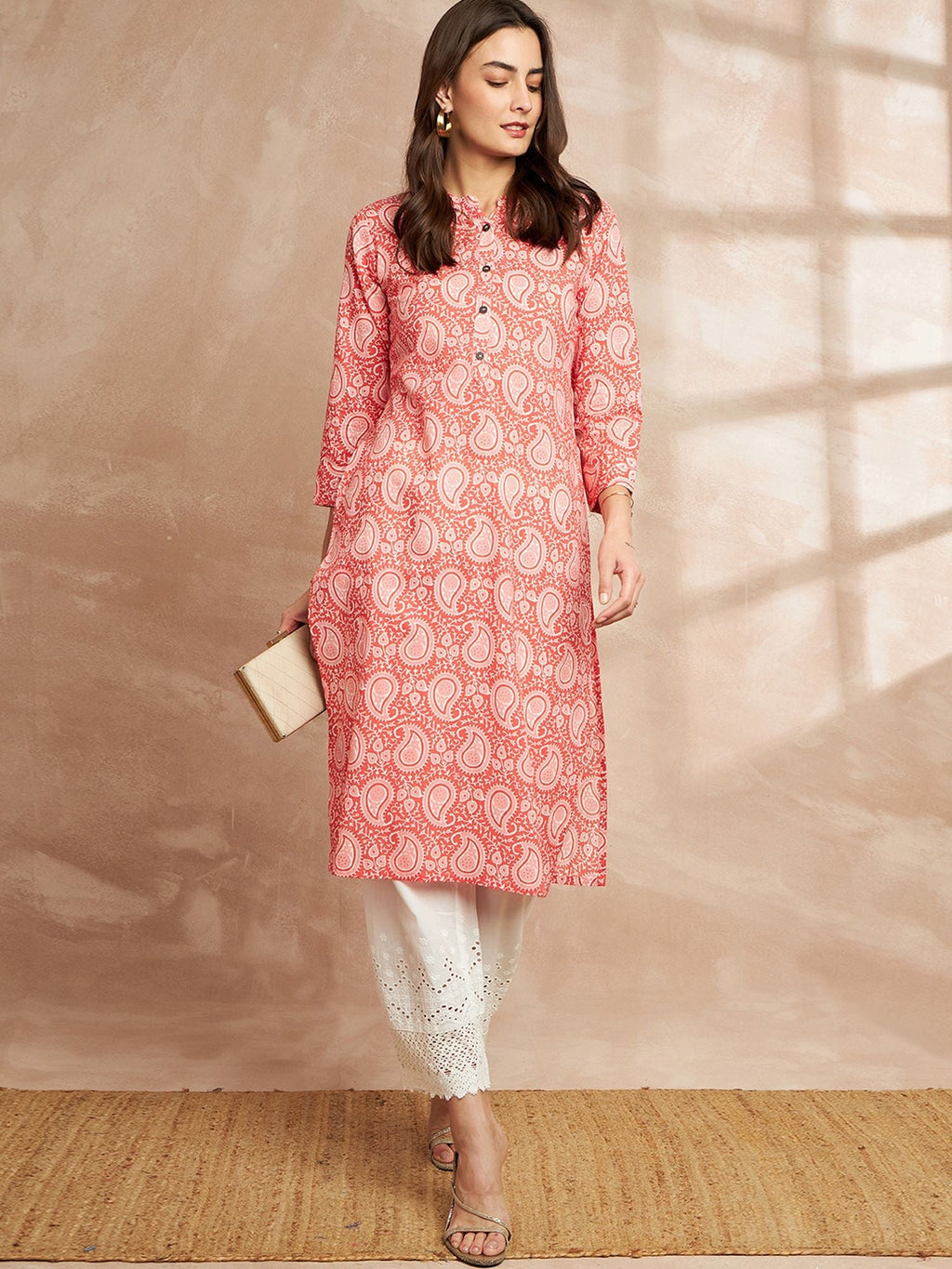 Orange Color Paisley Printed Mandarin Collar Cotton Kurta