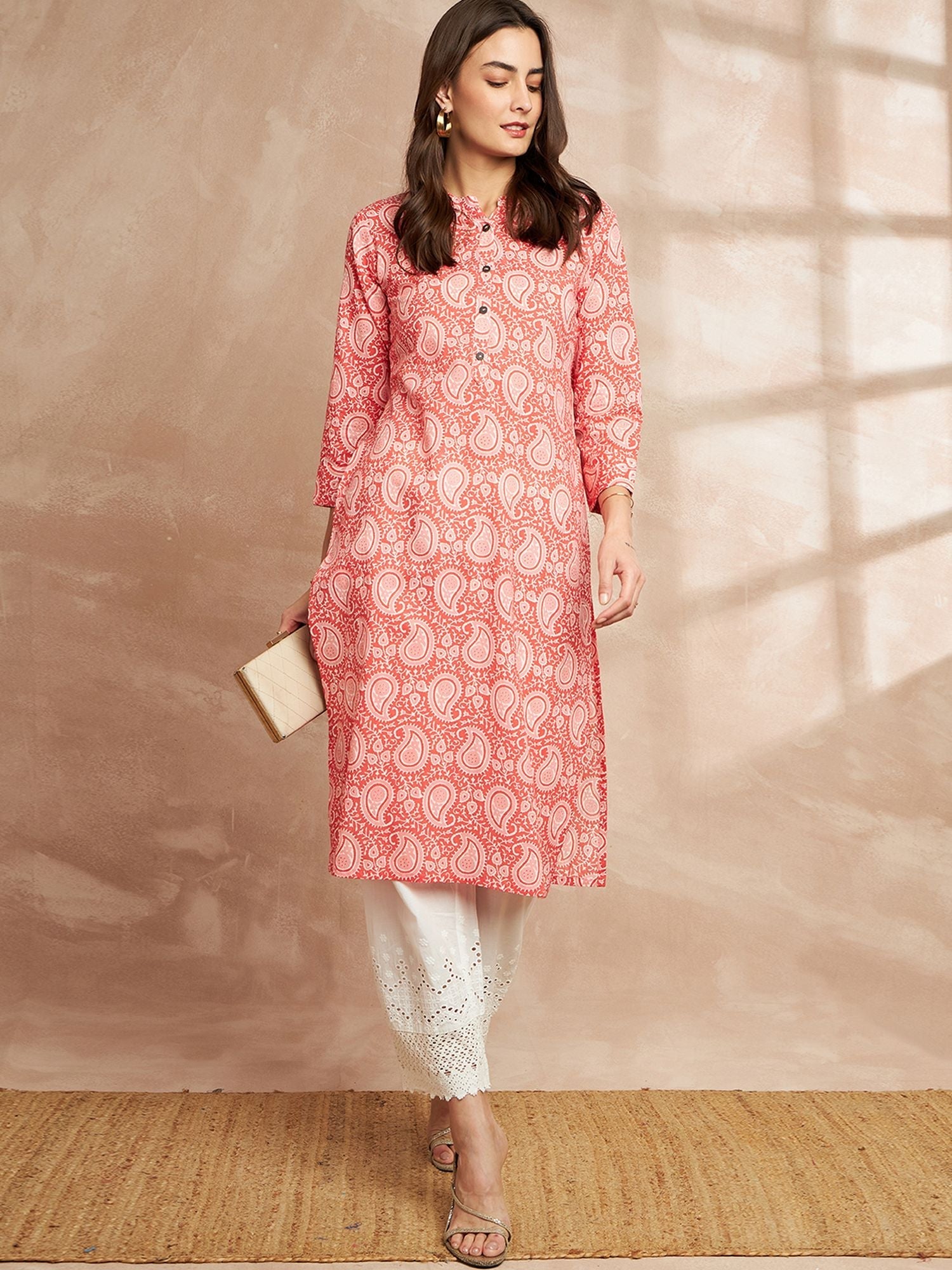 Orange Color Paisley Printed Mandarin Collar Cotton Kurta