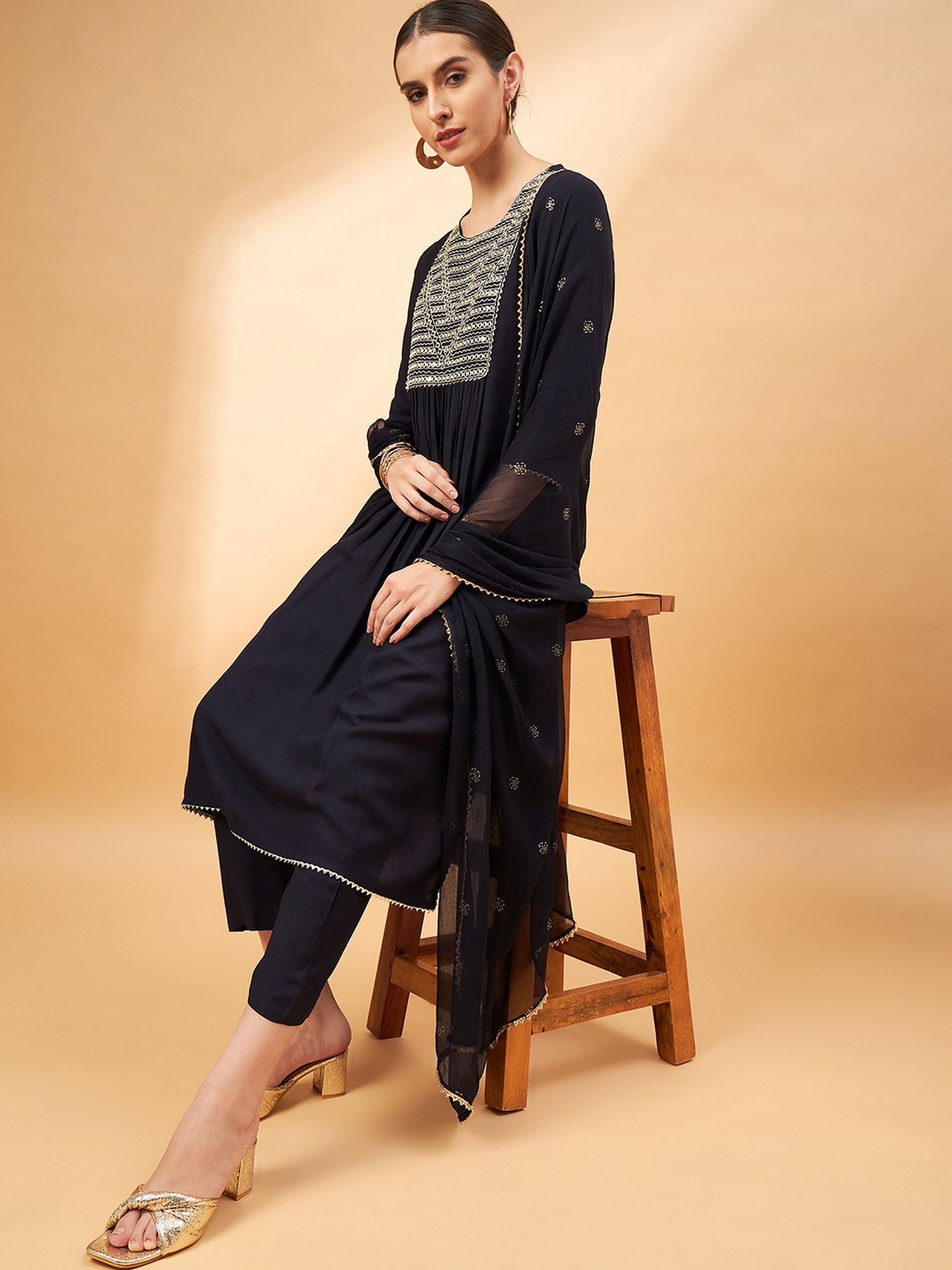Black Color Embroidered Mirror Work Pleated Round Neck Kurta with Trouser & Dupatta