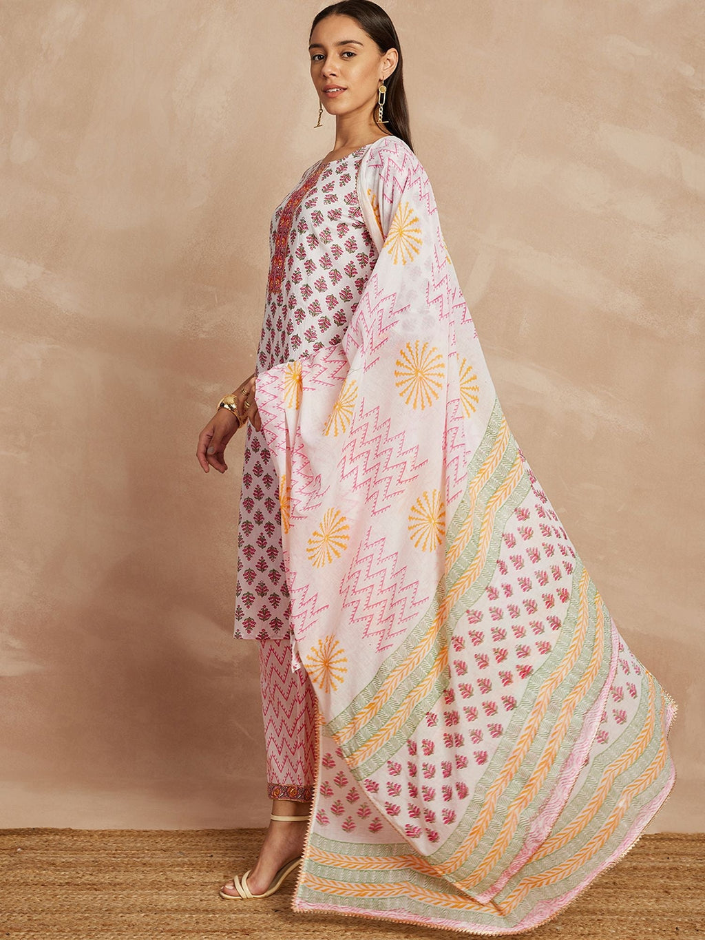 Pink Color Ethnic Motifs Printed Pure Cotton Straight Kurta & Trousers With Dupatta