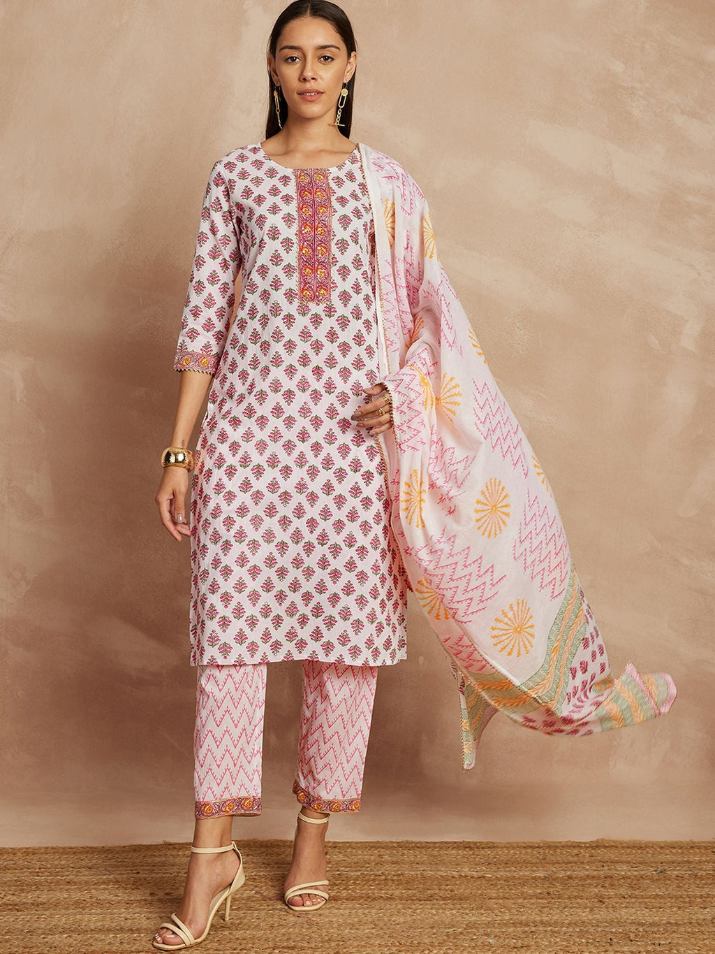 Pink Color Ethnic Motifs Printed Pure Cotton Straight Kurta & Trousers With Dupatta