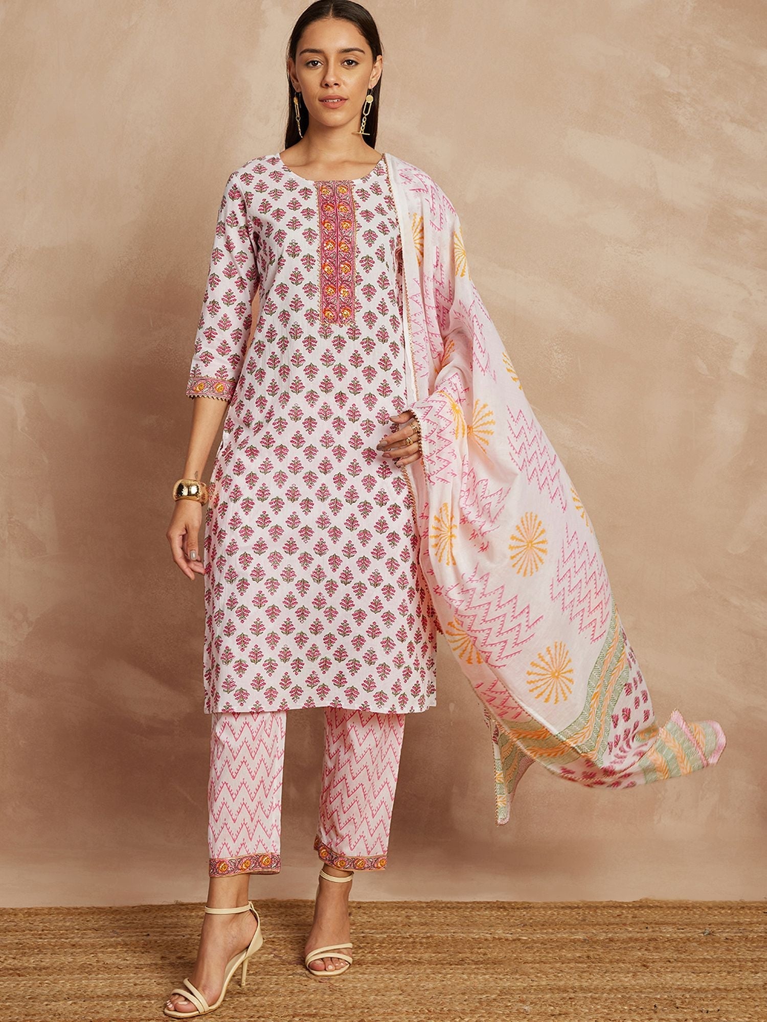 Pink Color Ethnic Motifs Printed Pure Cotton Straight Kurta & Trousers With Dupatta