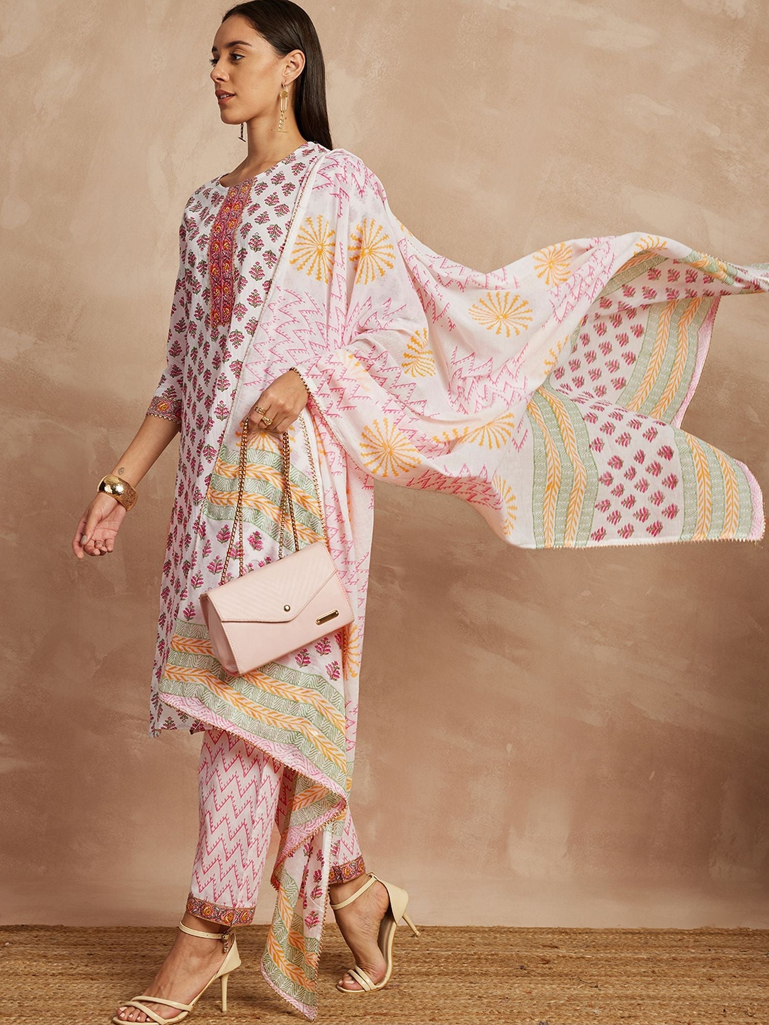 Pink Color Ethnic Motifs Printed Pure Cotton Straight Kurta & Trousers With Dupatta