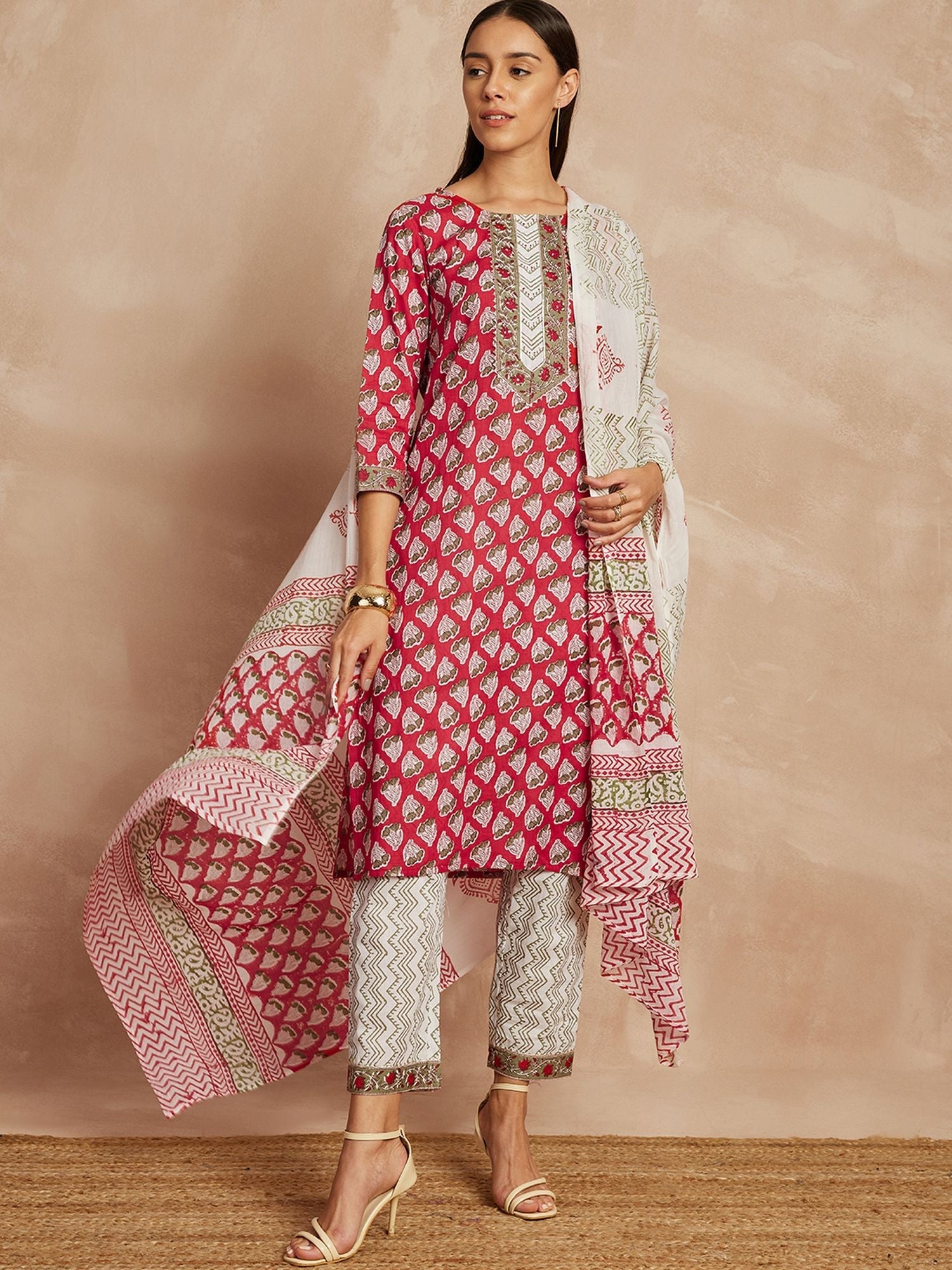 Maroon Color Ethnic Motifs Printed Pure Cotton Straight Kurta & Trousers With Dupatta