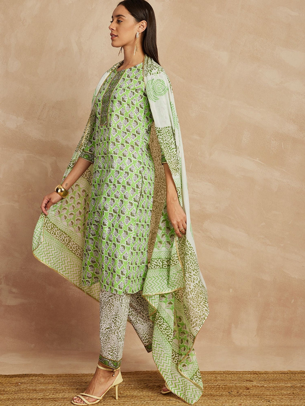 Pista Green Color Ethnic Motifs Printed Pure Cotton Straight Kurta & Trousers With Dupatta