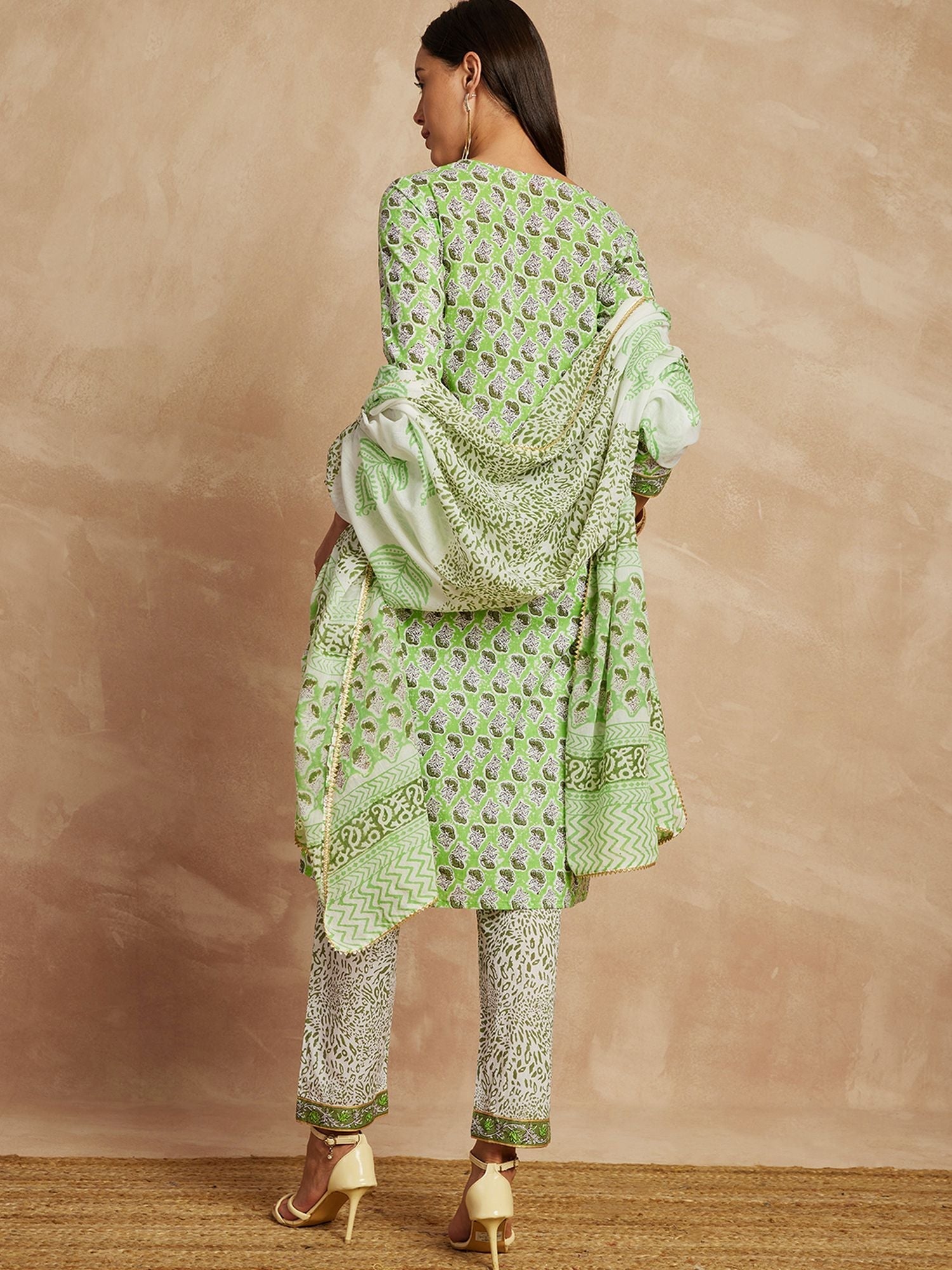 Pista Green Color Ethnic Motifs Printed Pure Cotton Straight Kurta & Trousers With Dupatta