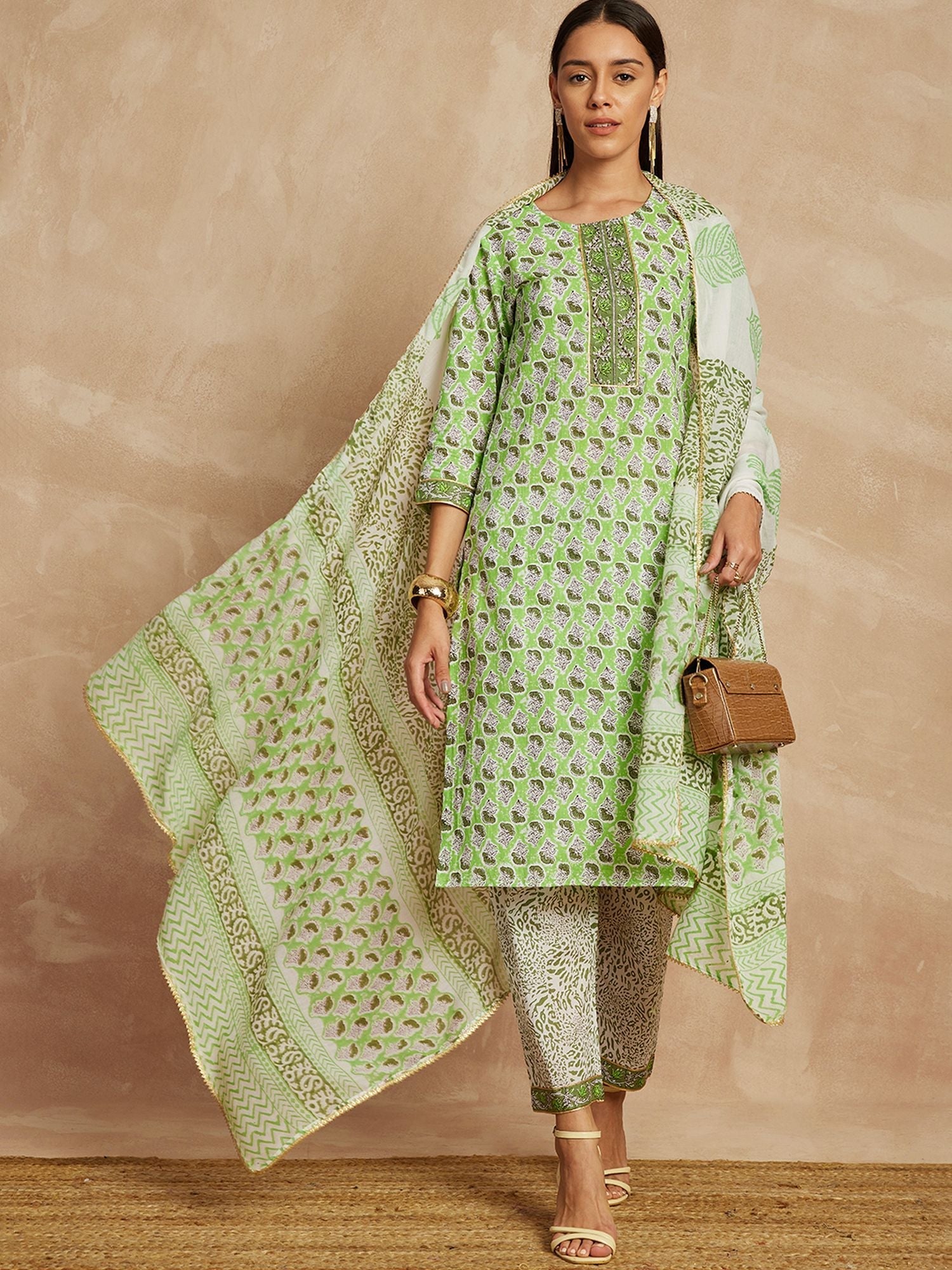 Pista Green Color Ethnic Motifs Printed Pure Cotton Straight Kurta & Trousers With Dupatta