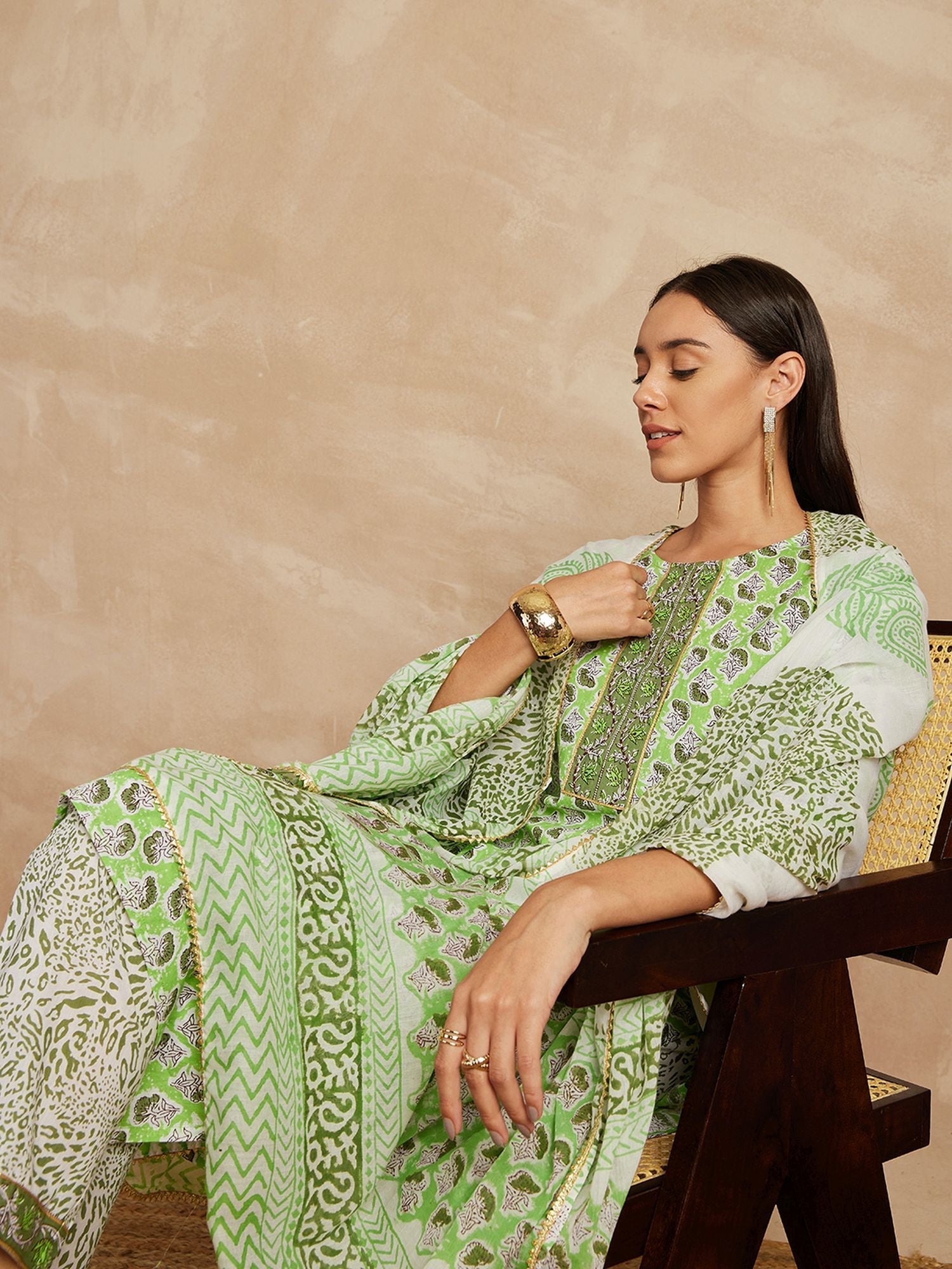 Pista Green Color Ethnic Motifs Printed Pure Cotton Straight Kurta & Trousers With Dupatta