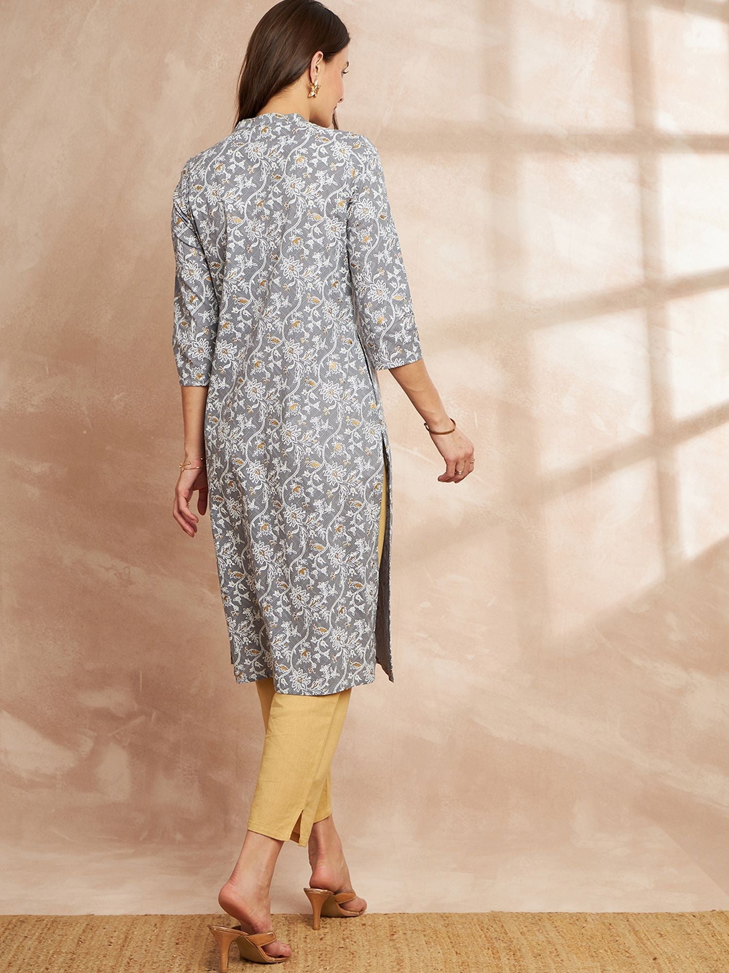 Grey Color Floral Printed Straight Pure Cotton Kurta