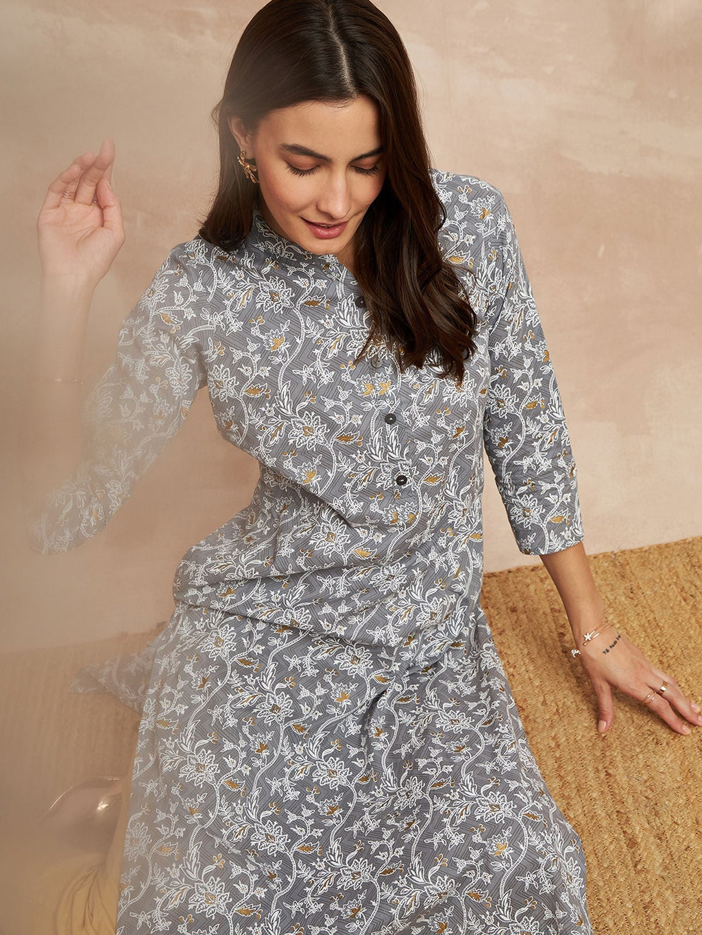 Grey Color Floral Printed Straight Pure Cotton Kurta