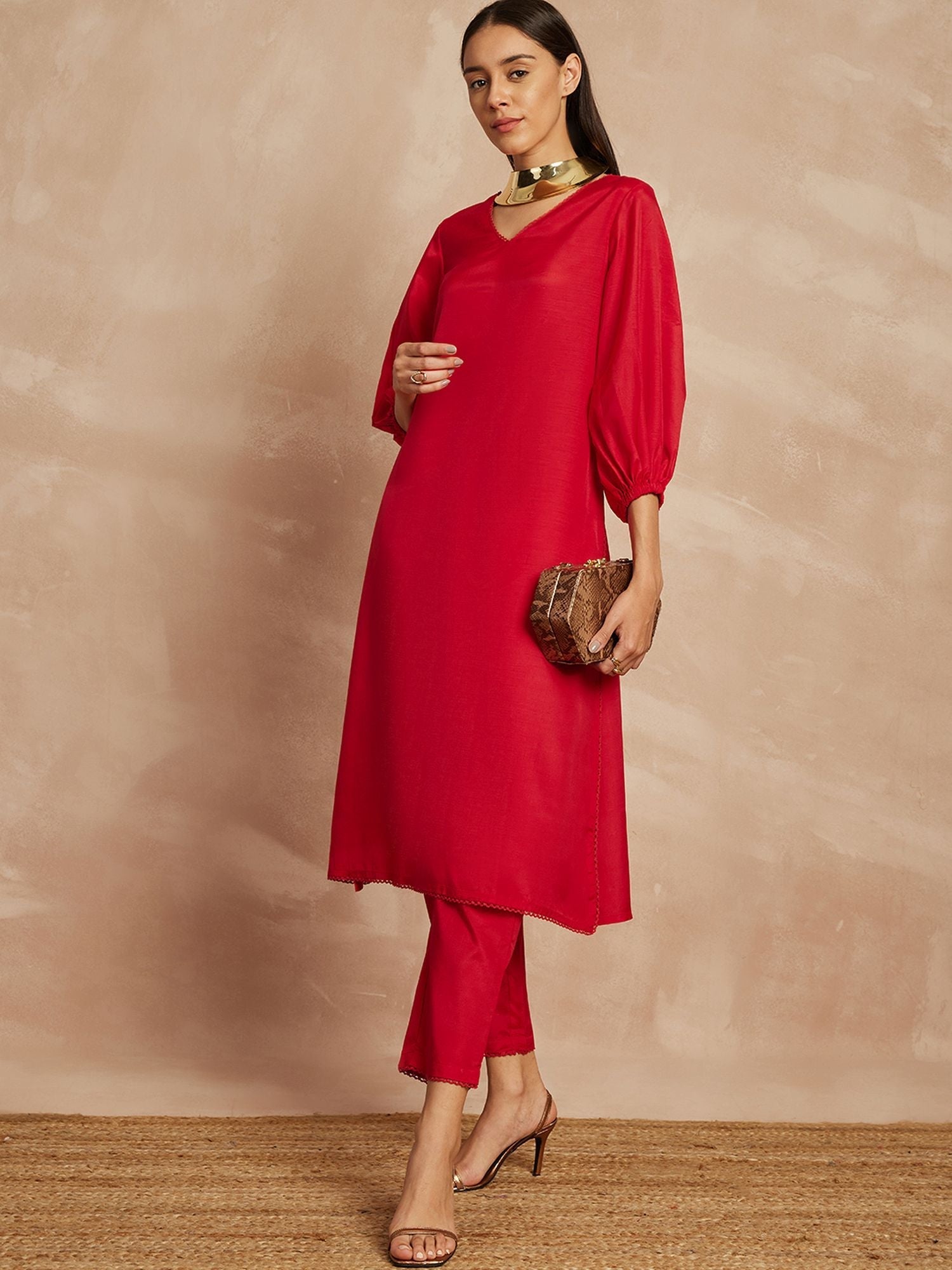 Red Color V-Neck Three-Quarter Sleeves Puffed Sleeves A-Line Kurta with Trousers