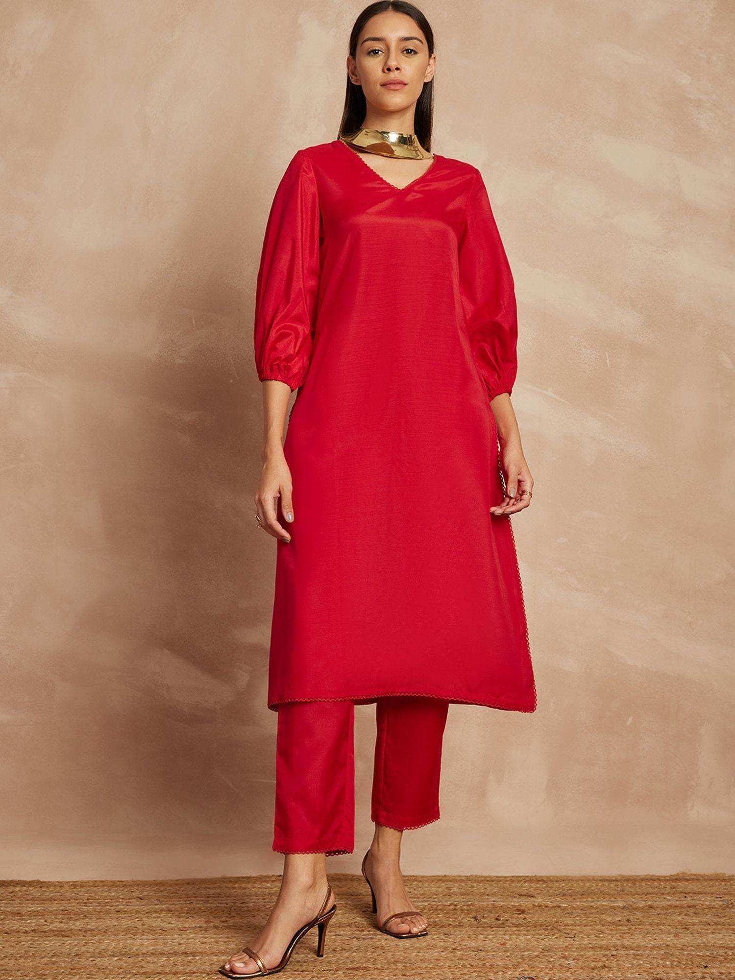 Red Color V-Neck Three-Quarter Sleeves Puffed Sleeves A-Line Kurta with Trousers