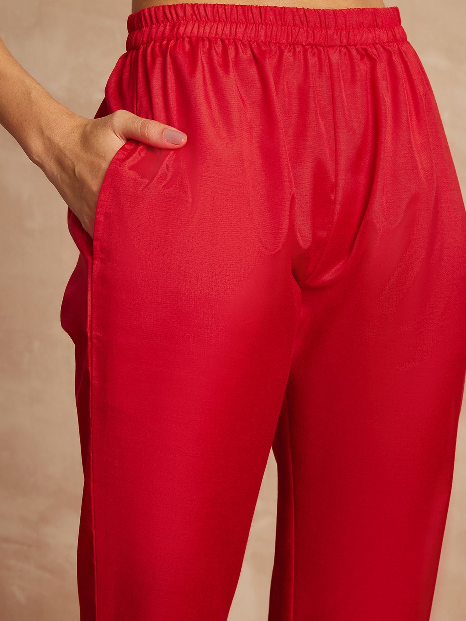 Red Color V-Neck Three-Quarter Sleeves Puffed Sleeves A-Line Kurta with Trousers