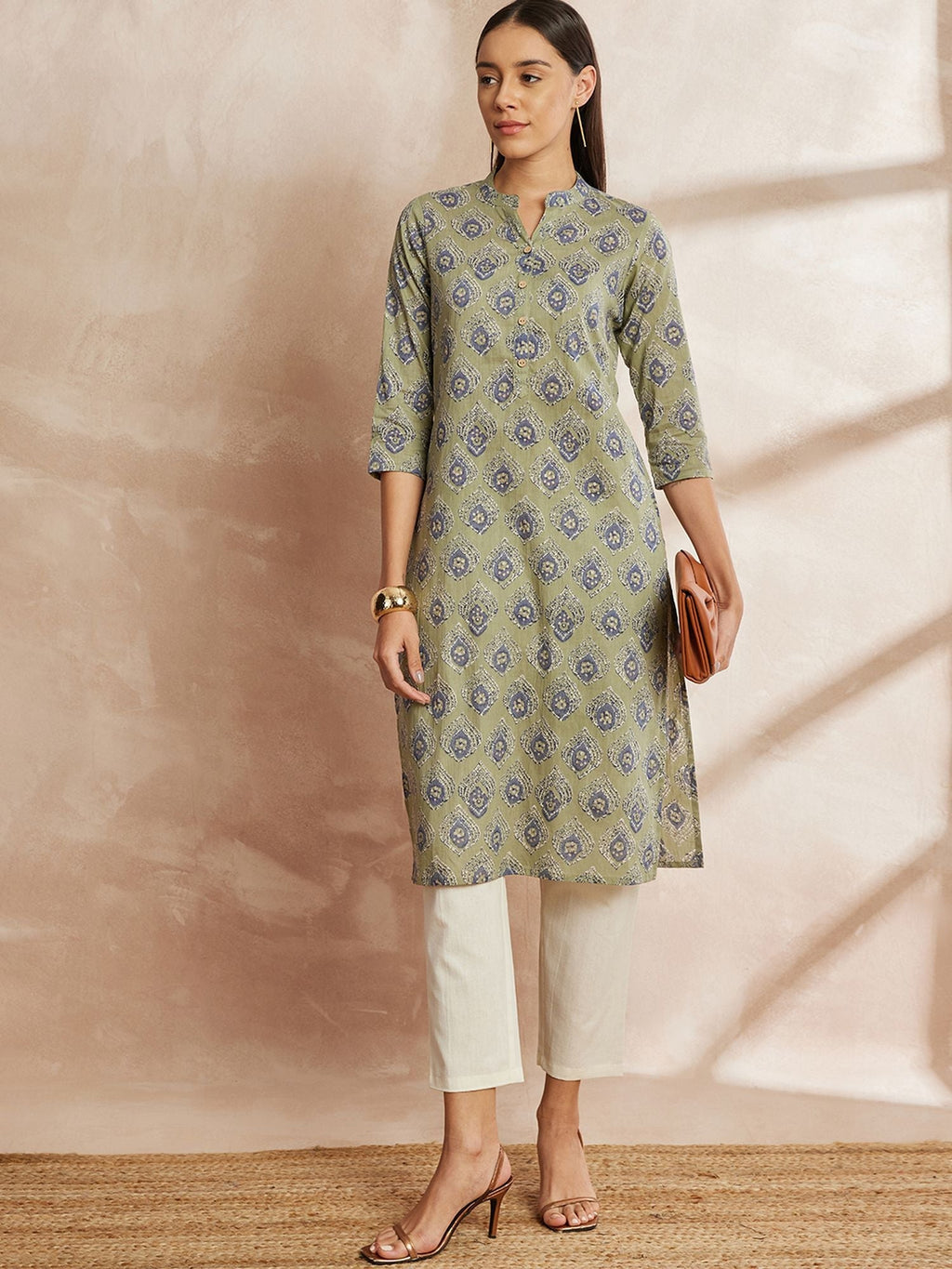 Mehandi Green Color Ethnic Motifs Printed Mandarin Collar Pure Cotton Kurta