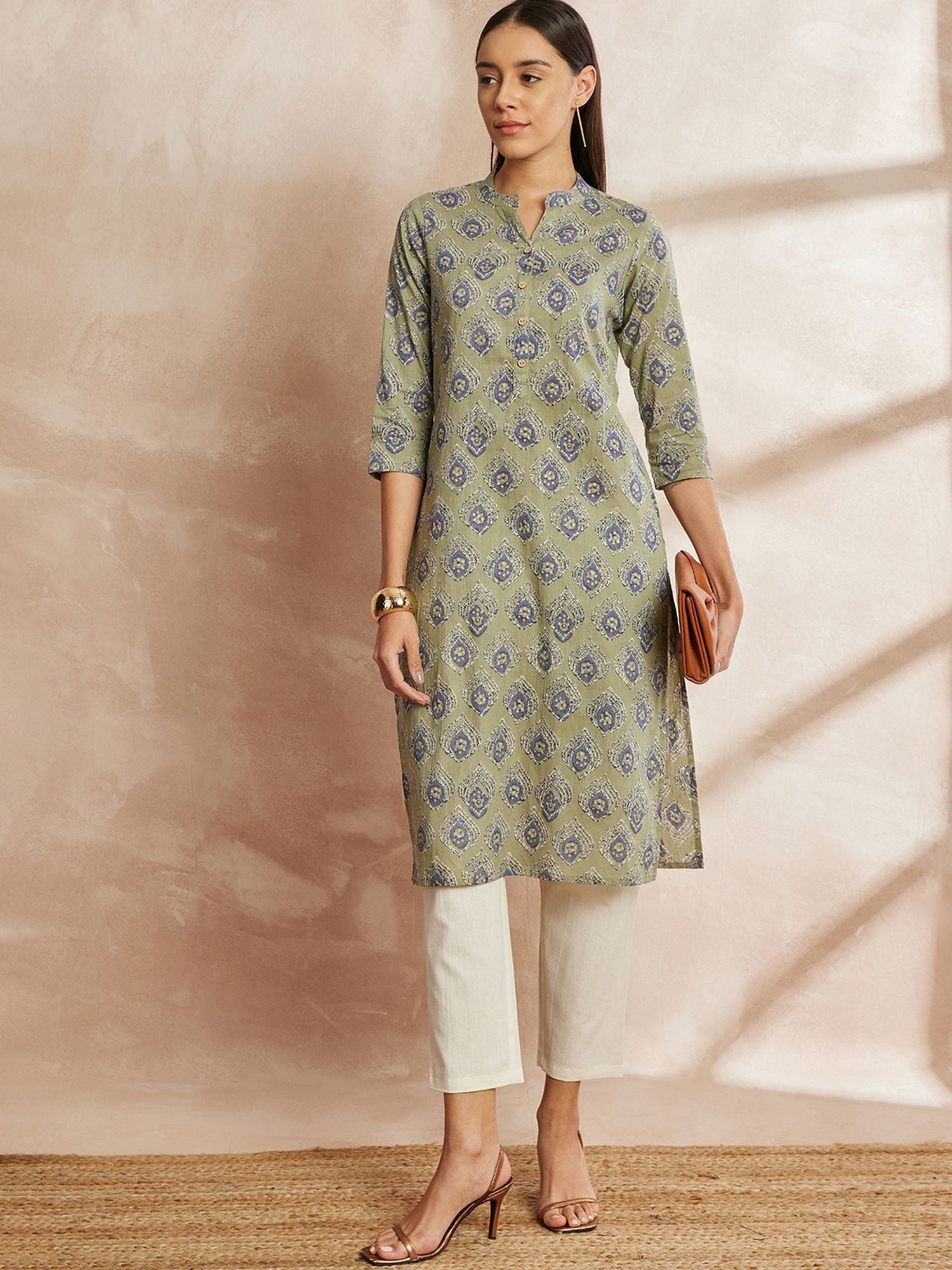 Mehandi Green Color Ethnic Motifs Printed Mandarin Collar Pure Cotton Kurta