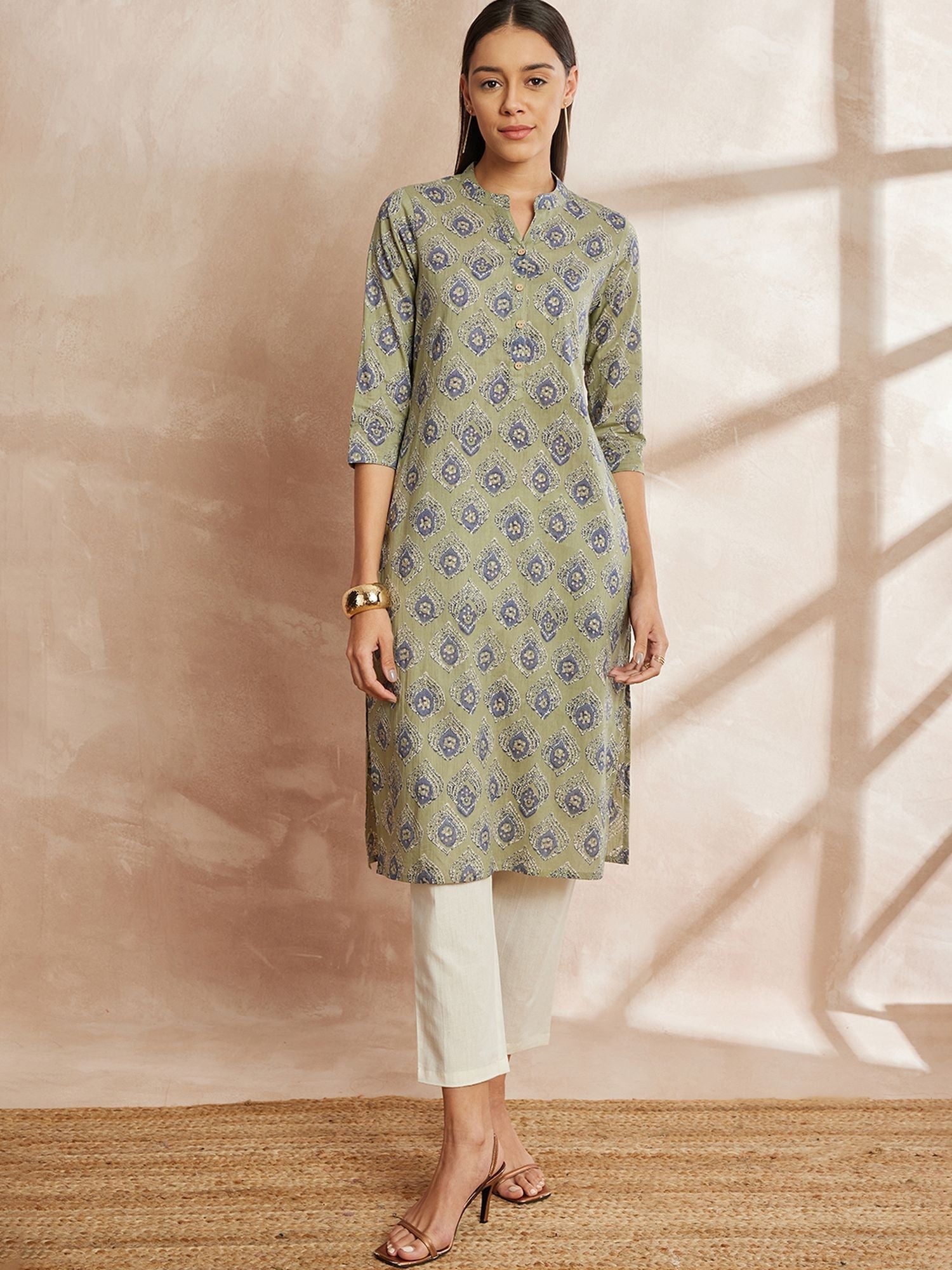 Mehandi Green Color Ethnic Motifs Printed Mandarin Collar Pure Cotton Kurta