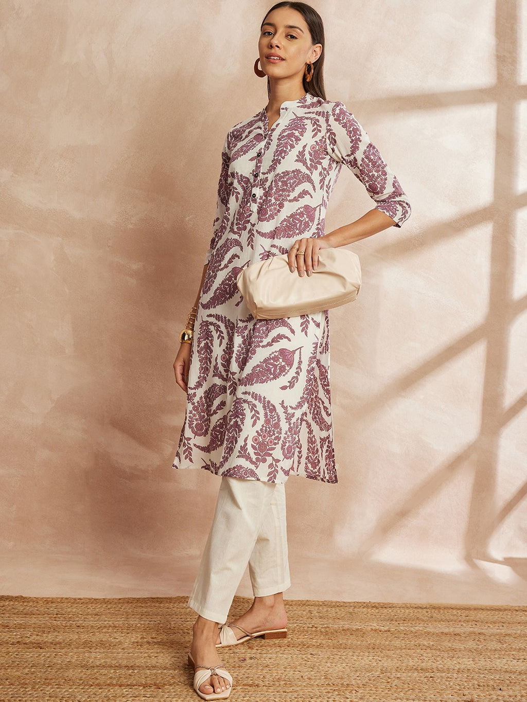 Purple & White Color Ethnic Motifs Printed Mandarin Collar Pure Cotton Kurta